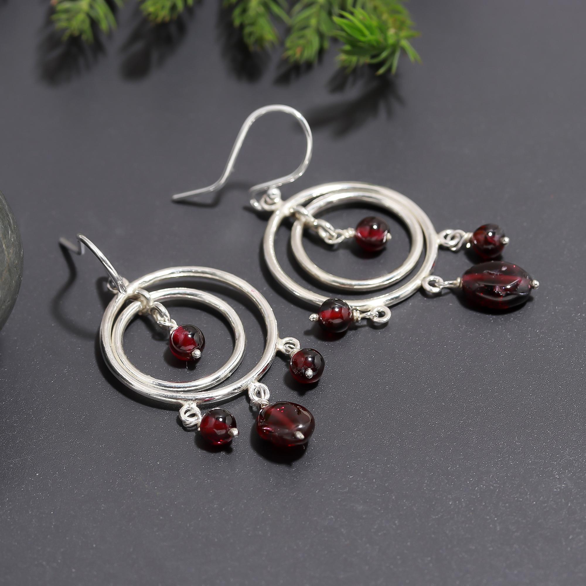 925 Silver Garnet Dangle Earrings