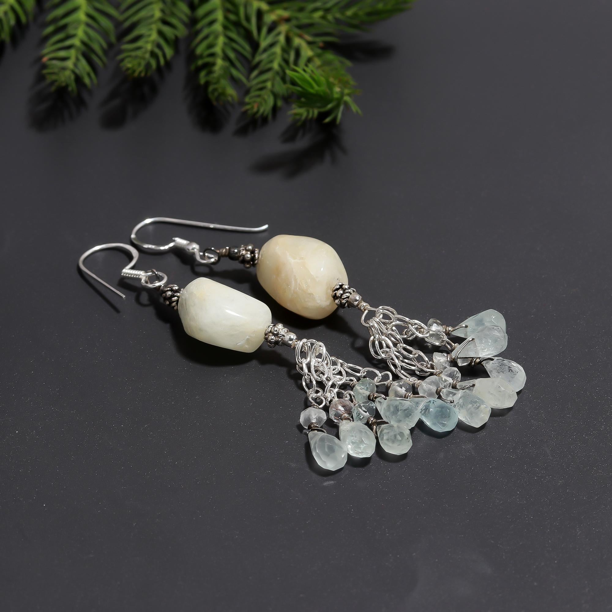 925 Silver White Gemstone & Crystal Tassel Earrings
