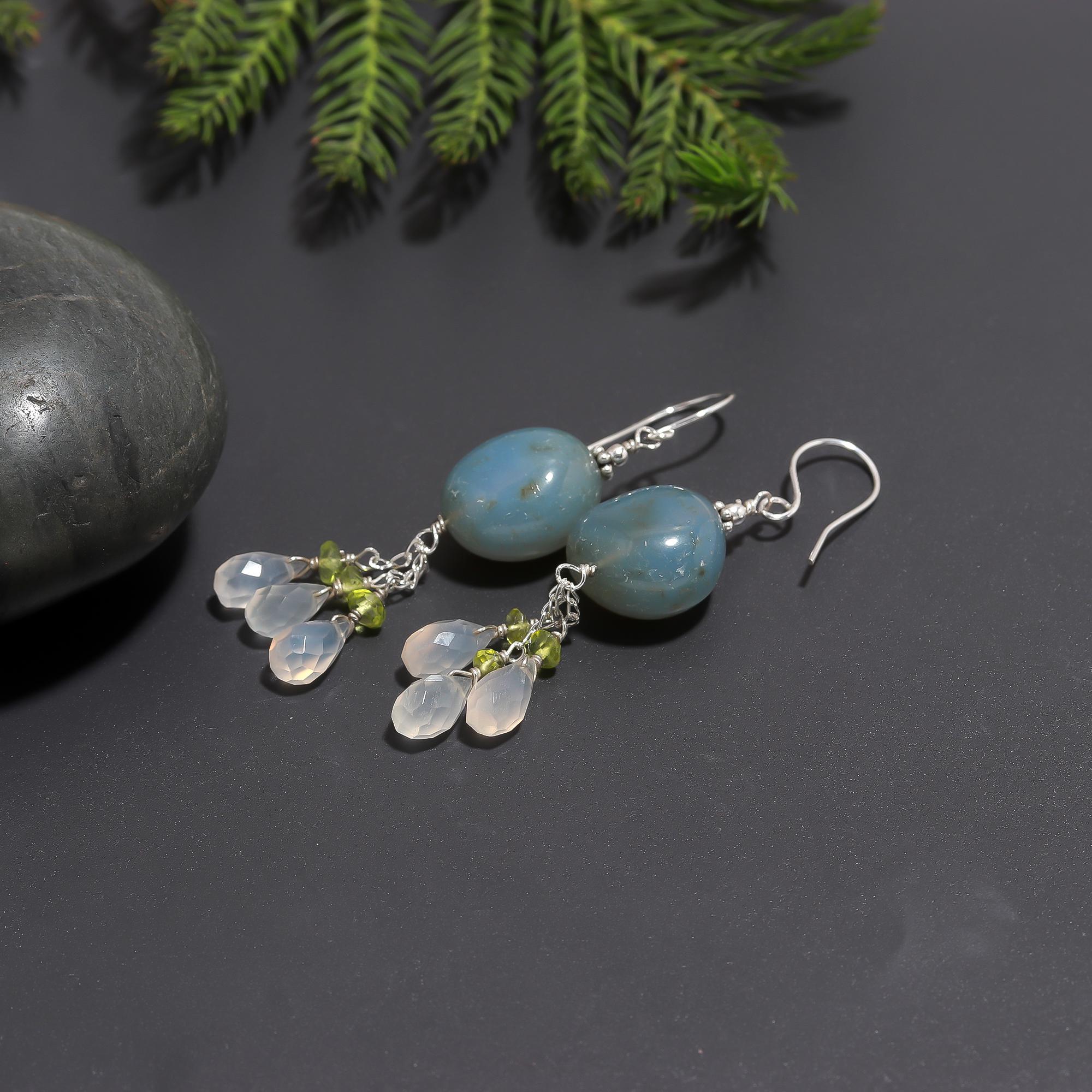 925 Silver Blue Moonstone, Peridot & Quartz Drop Earrings