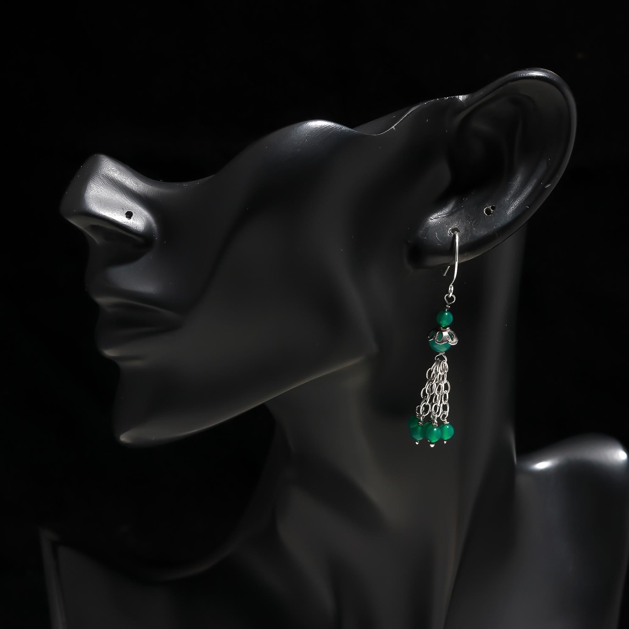 925 Silver Green Onyx Tassel Chain Dangle Earrings