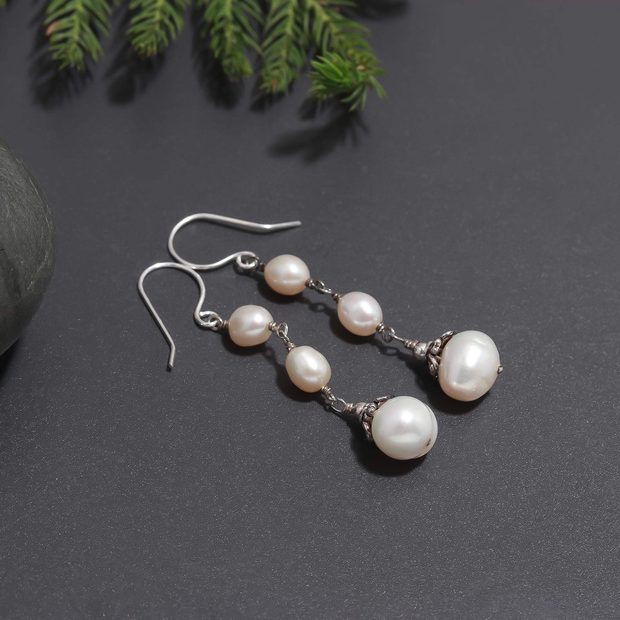 925 Silver Pearl Long Dangle Earrings