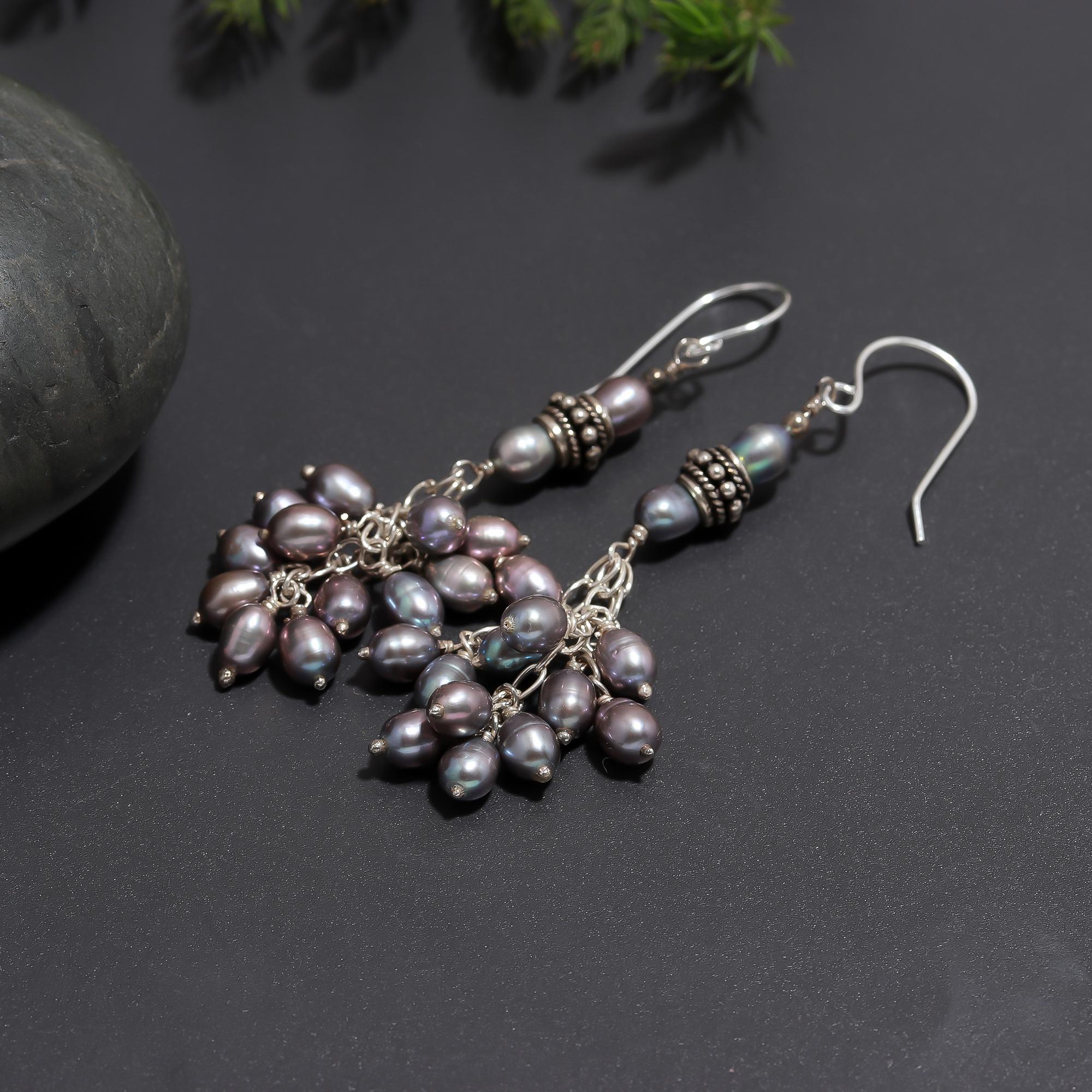 925 Silver Grey Pearl Tassel Dangle Earrings
