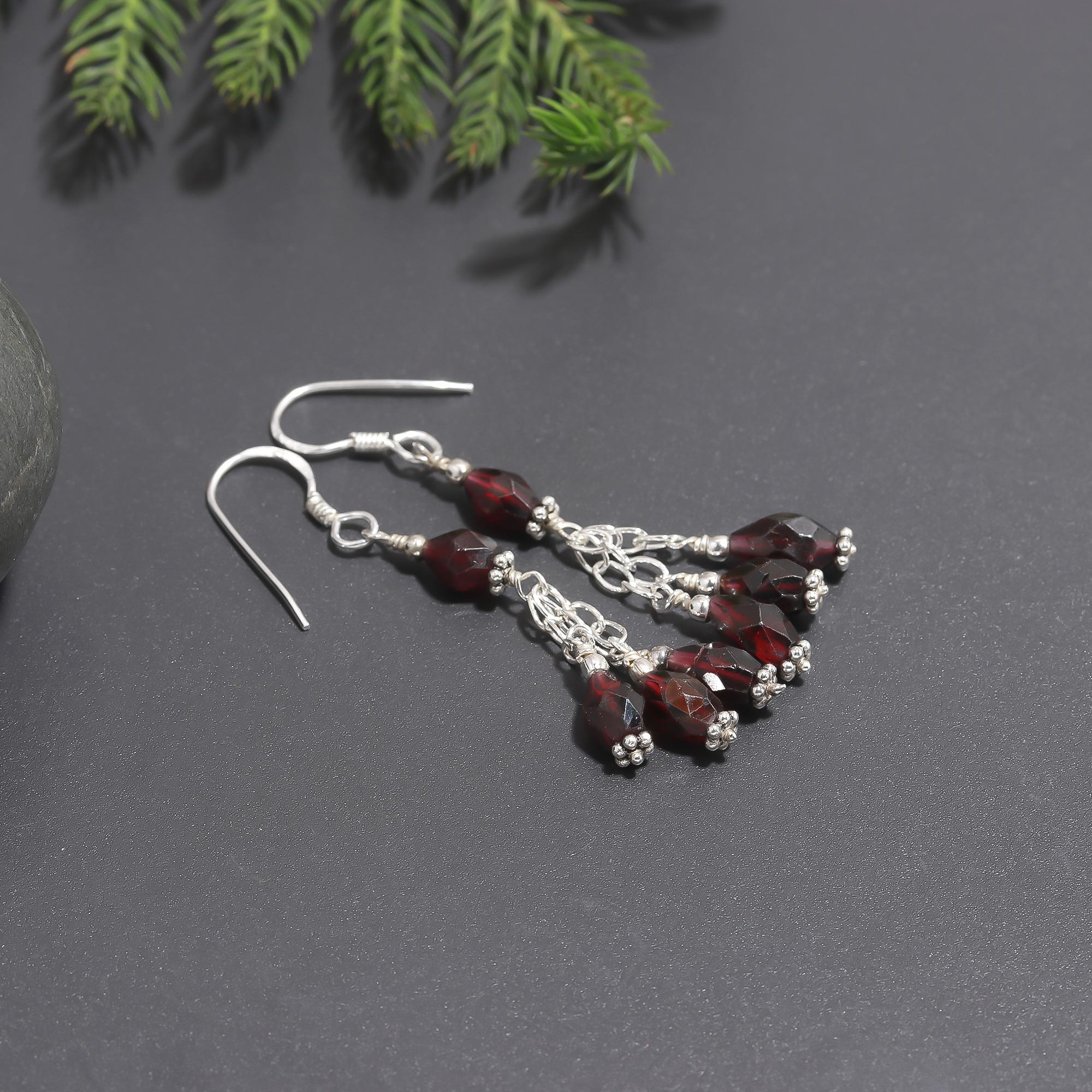 925 Silver Garnet Beads Tassel Dangle Earrings