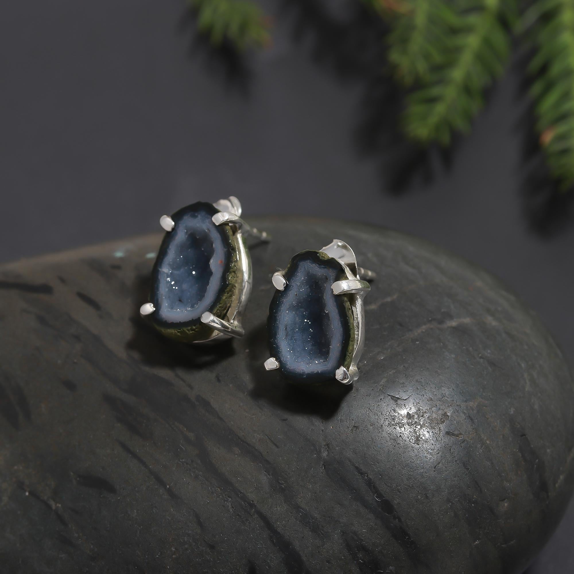 925 Silver Natural Druzy Slice Stud Earrings