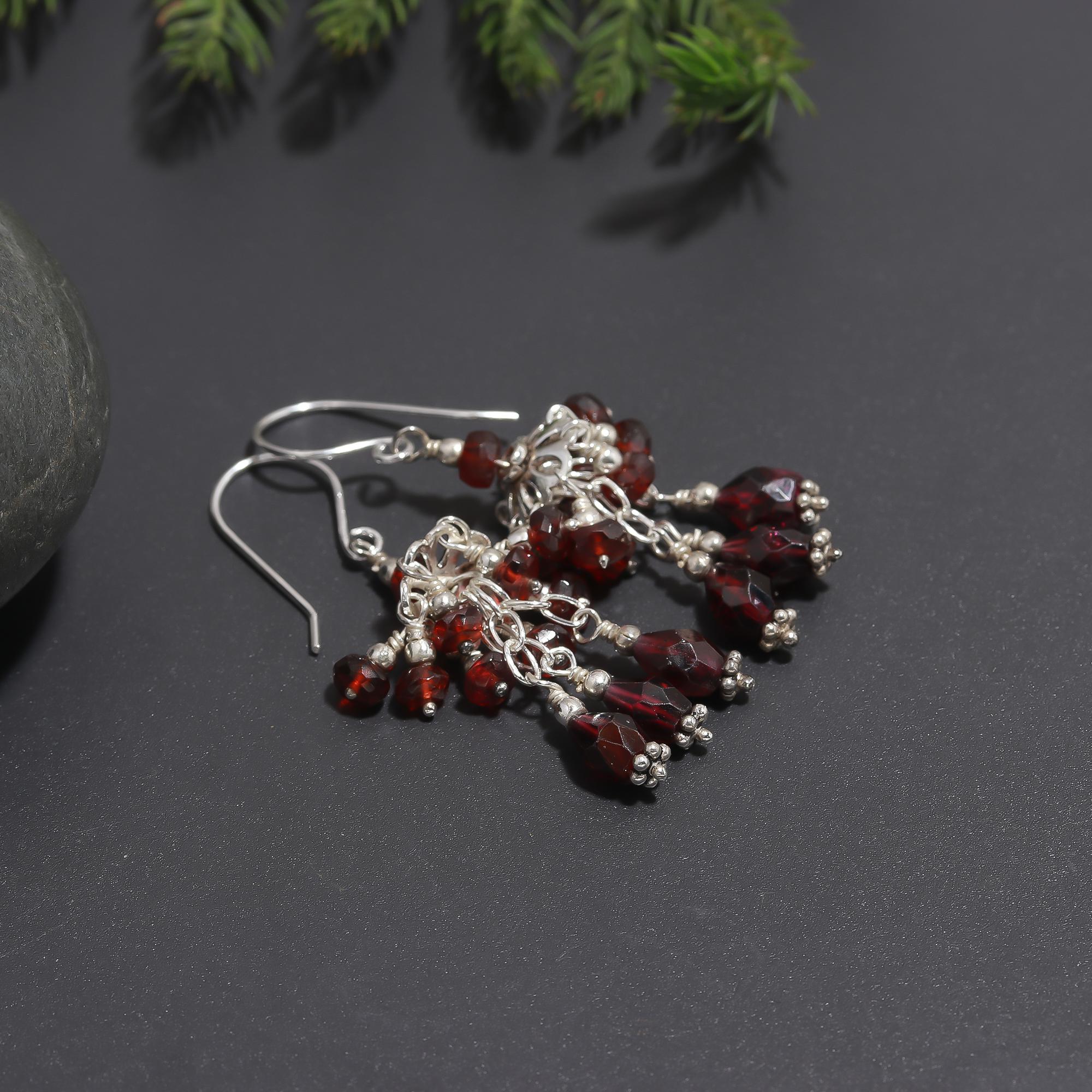 925 Silver Garnet Beads Cluster Dangle Earrings