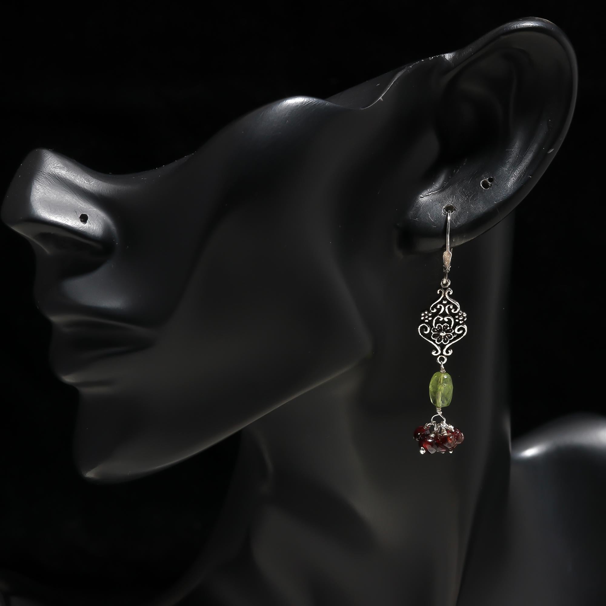 925 Silver Peridot and Garnet Dangle Earrings