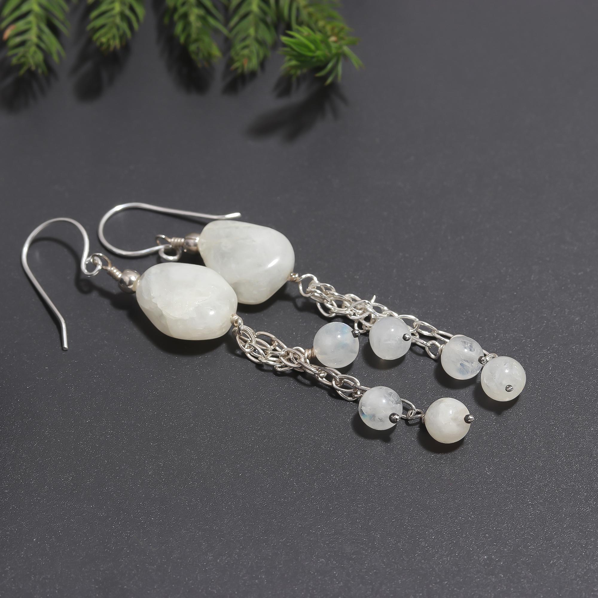 925 Silver Moonstone Beads Tassel Dangle Earrings