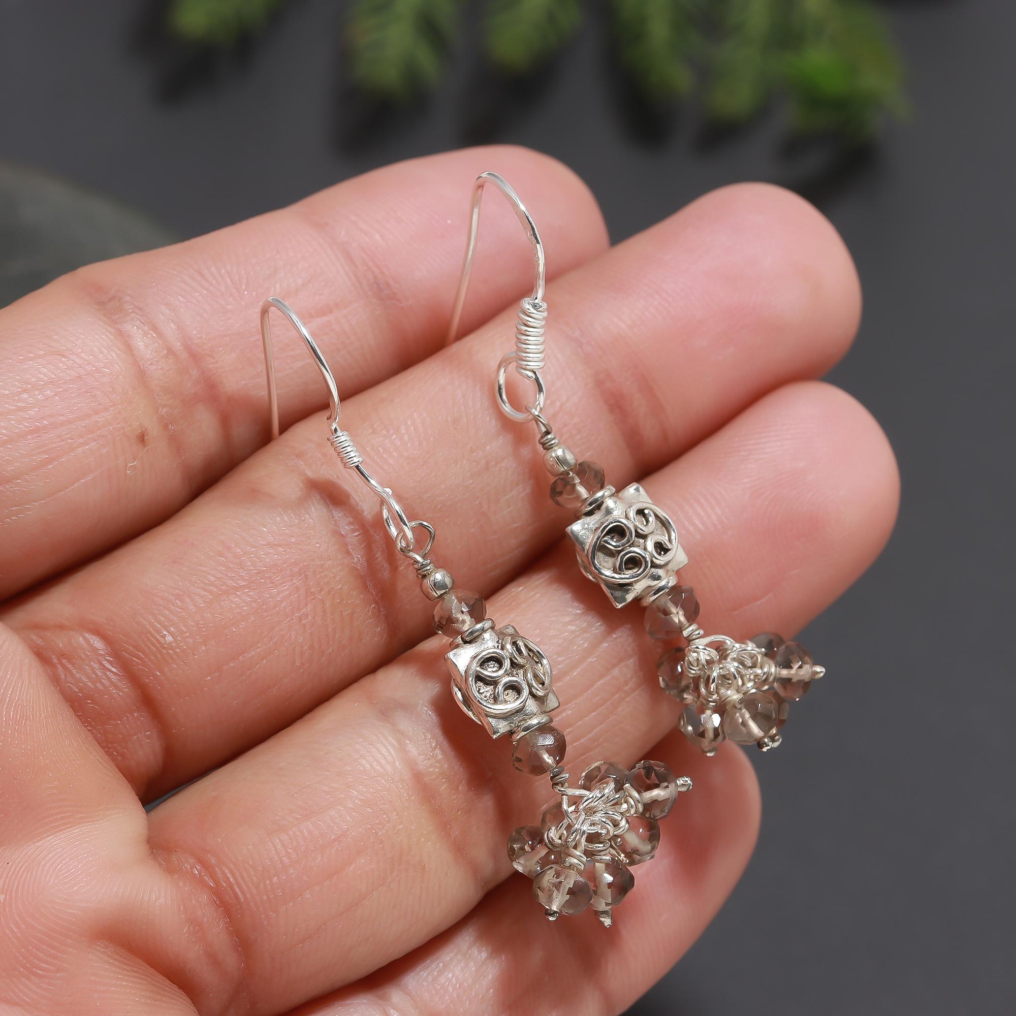 925 Silver Smoky Quartz Beads Dangle Earrings