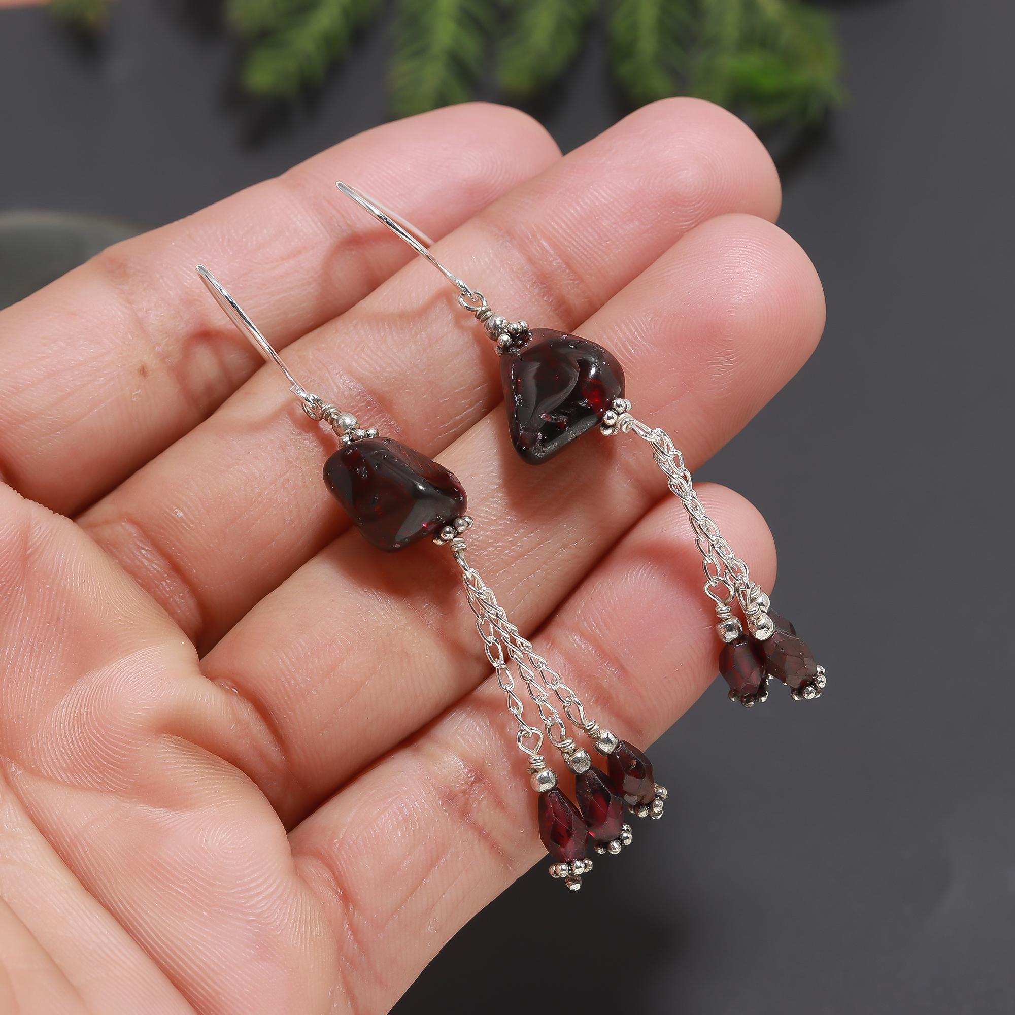 925 Silver Garnet Nugget Tassel Dangle Earrings