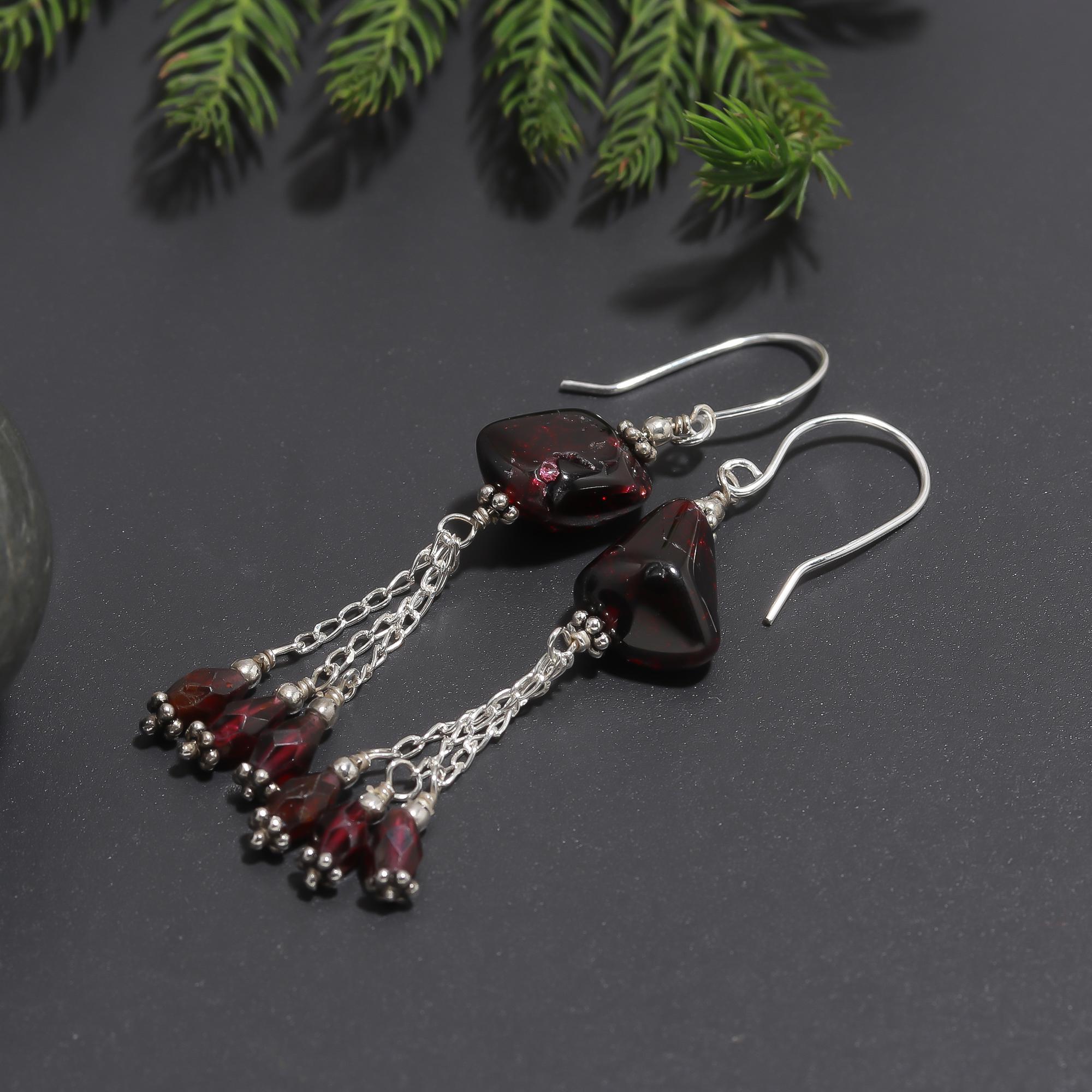 925 Silver Garnet Nugget Tassel Dangle Earrings