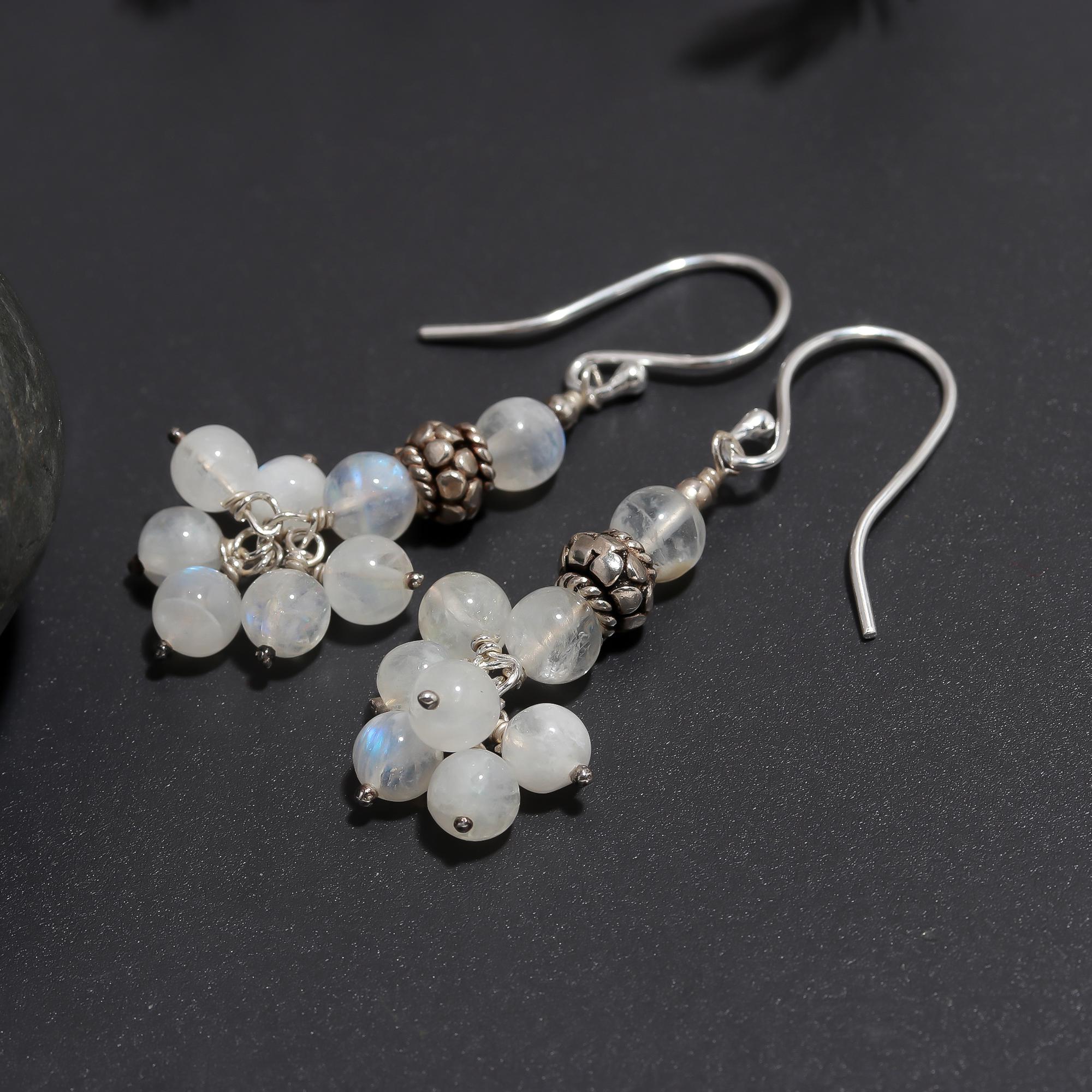 925 Silver Moonstone Cluster Dangle Earrings