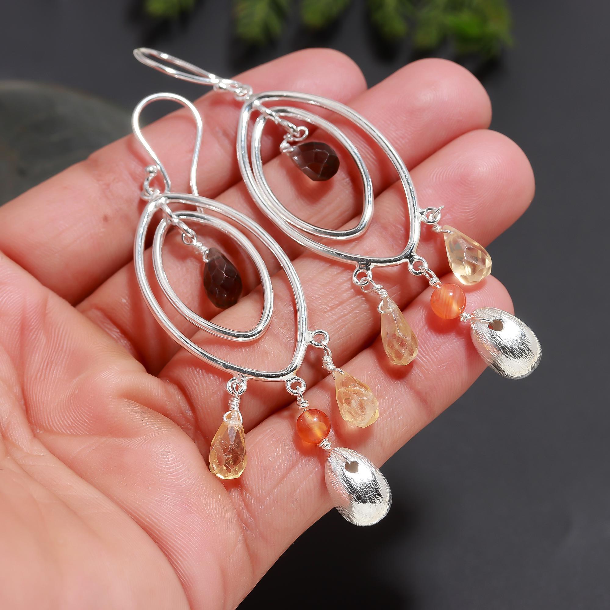 925 Silver Multi Gemstone Dangle Earrings