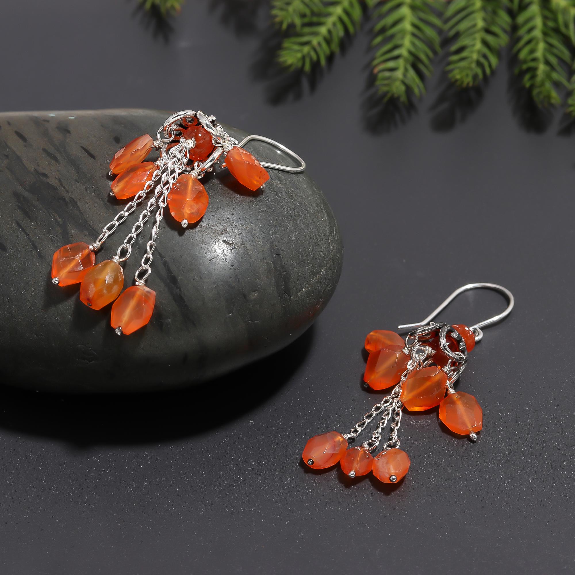 925 Silver Carnelian Cluster Dangle Earrings