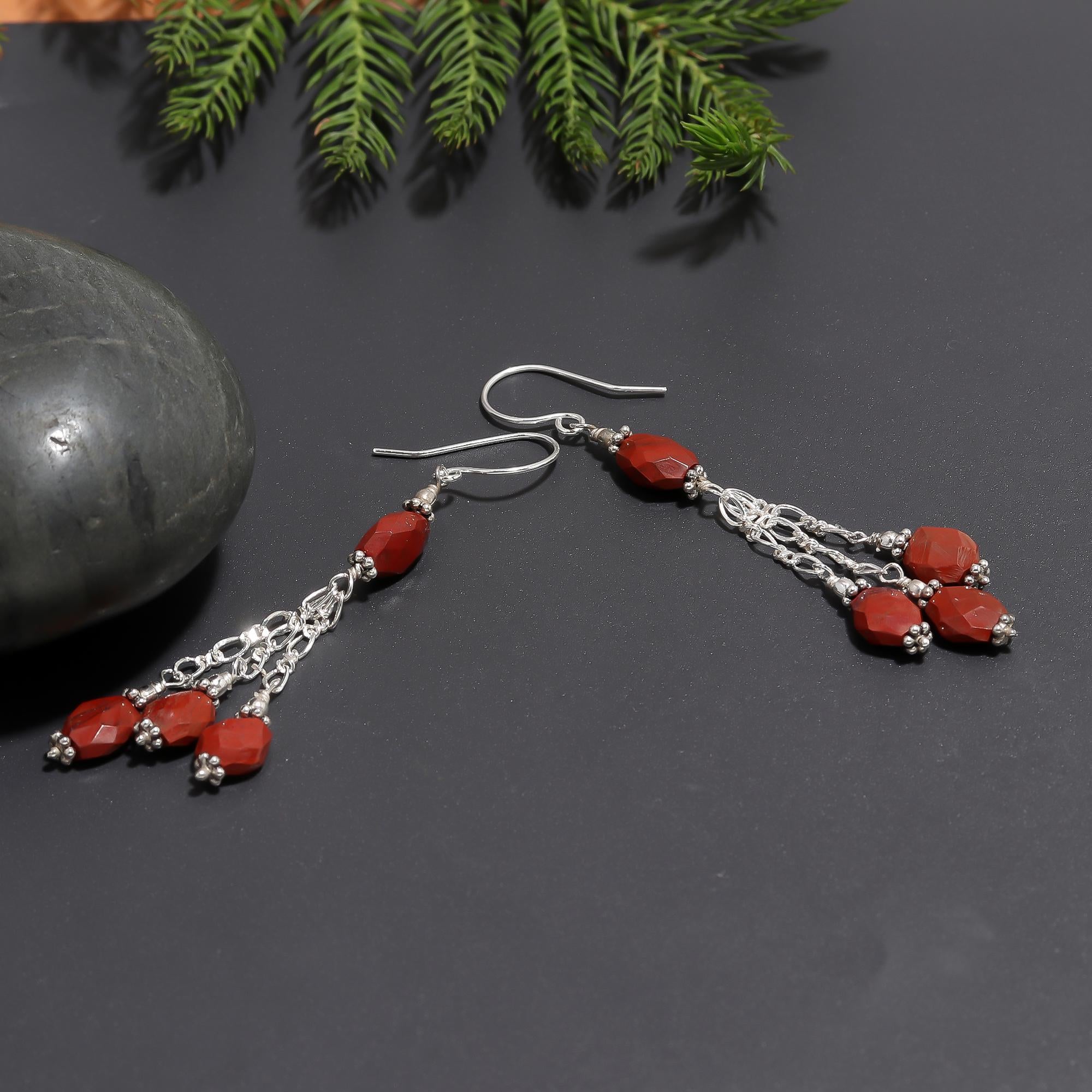 925 Silver Red Jasper Beads Long Dangle Earrings