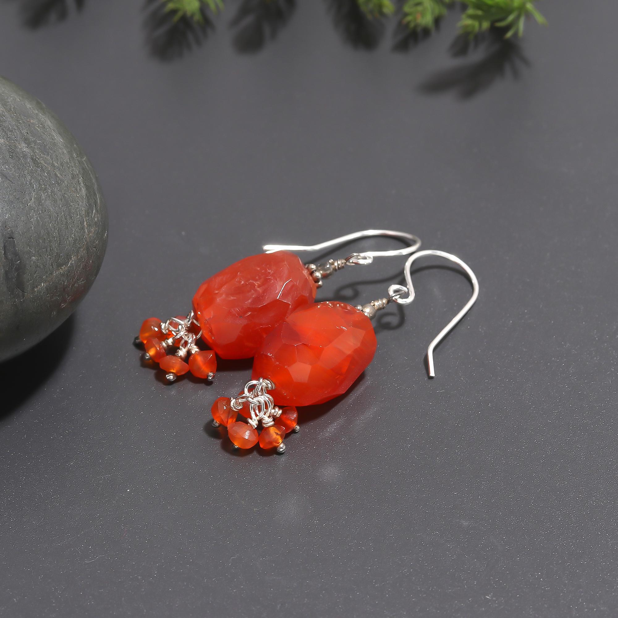 925 Silver Carnelian Beads Dangle Earrings