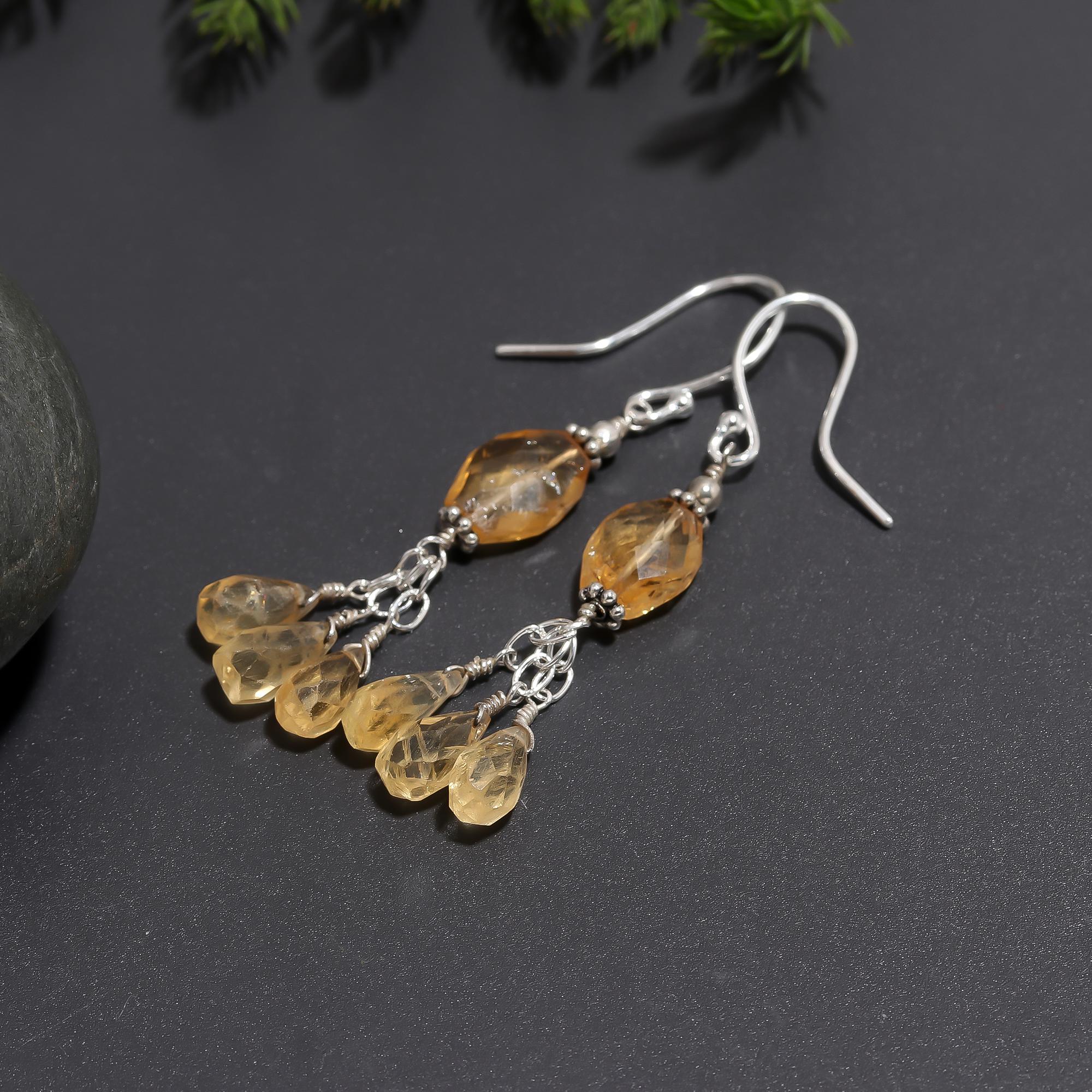925 Silver Citrine Cluster Dangle Earrings