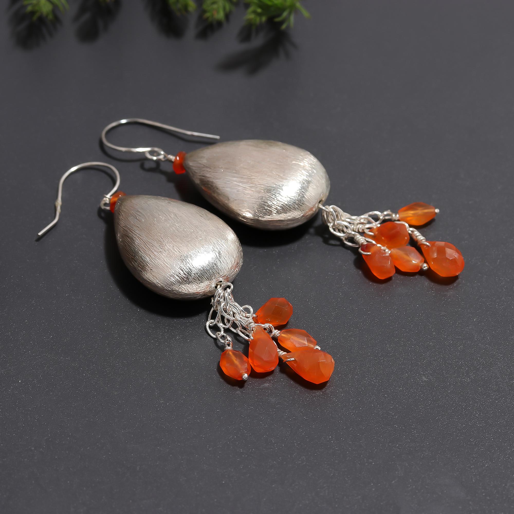 925 Silver Carnelian Bead Tassels Dangle Earrings