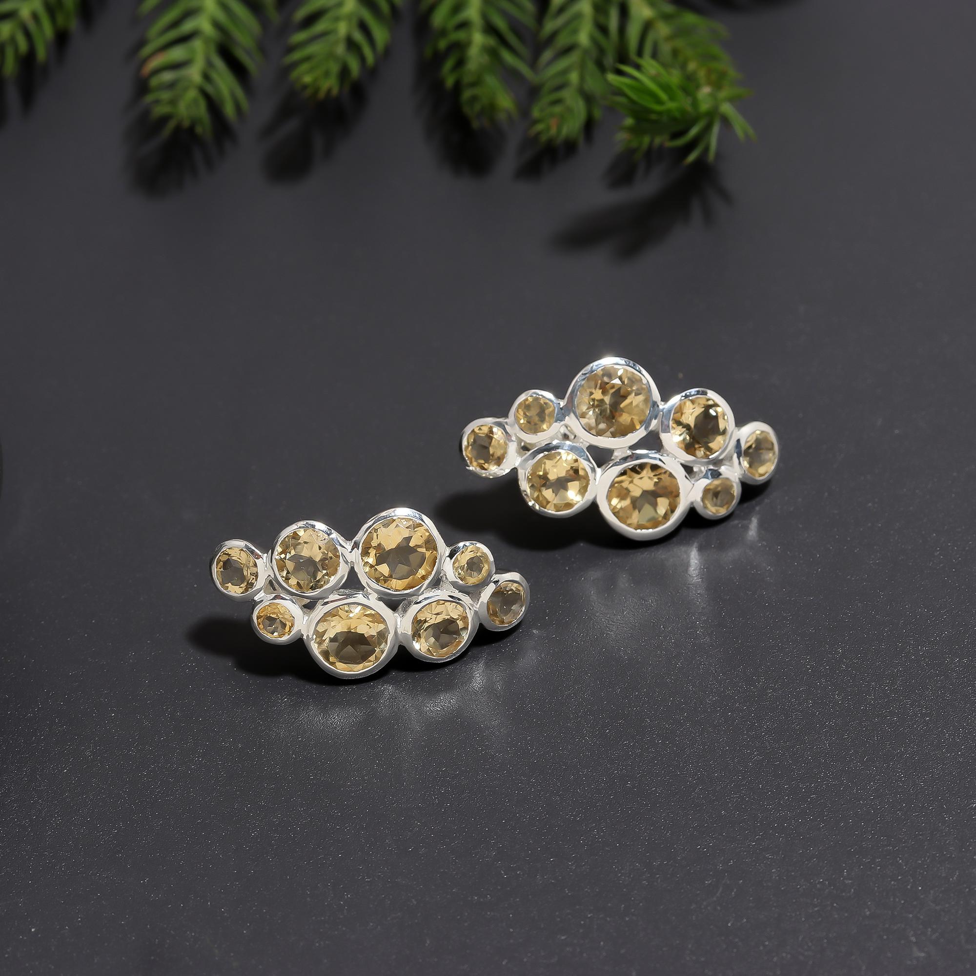 925 Silver Cluster Citrine Stud Earrings
