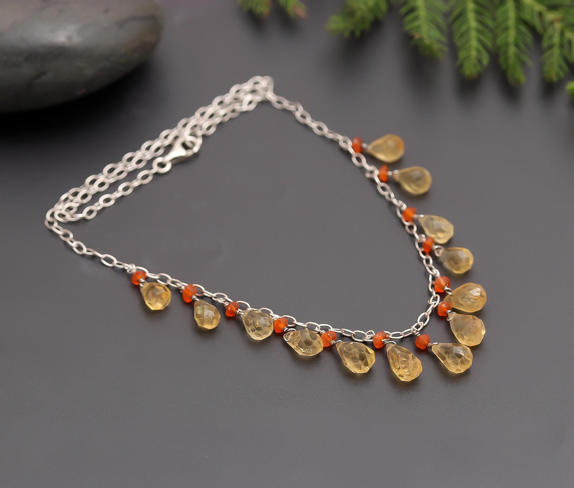 925 Silver Citrine and Carnelian Beads Necklace