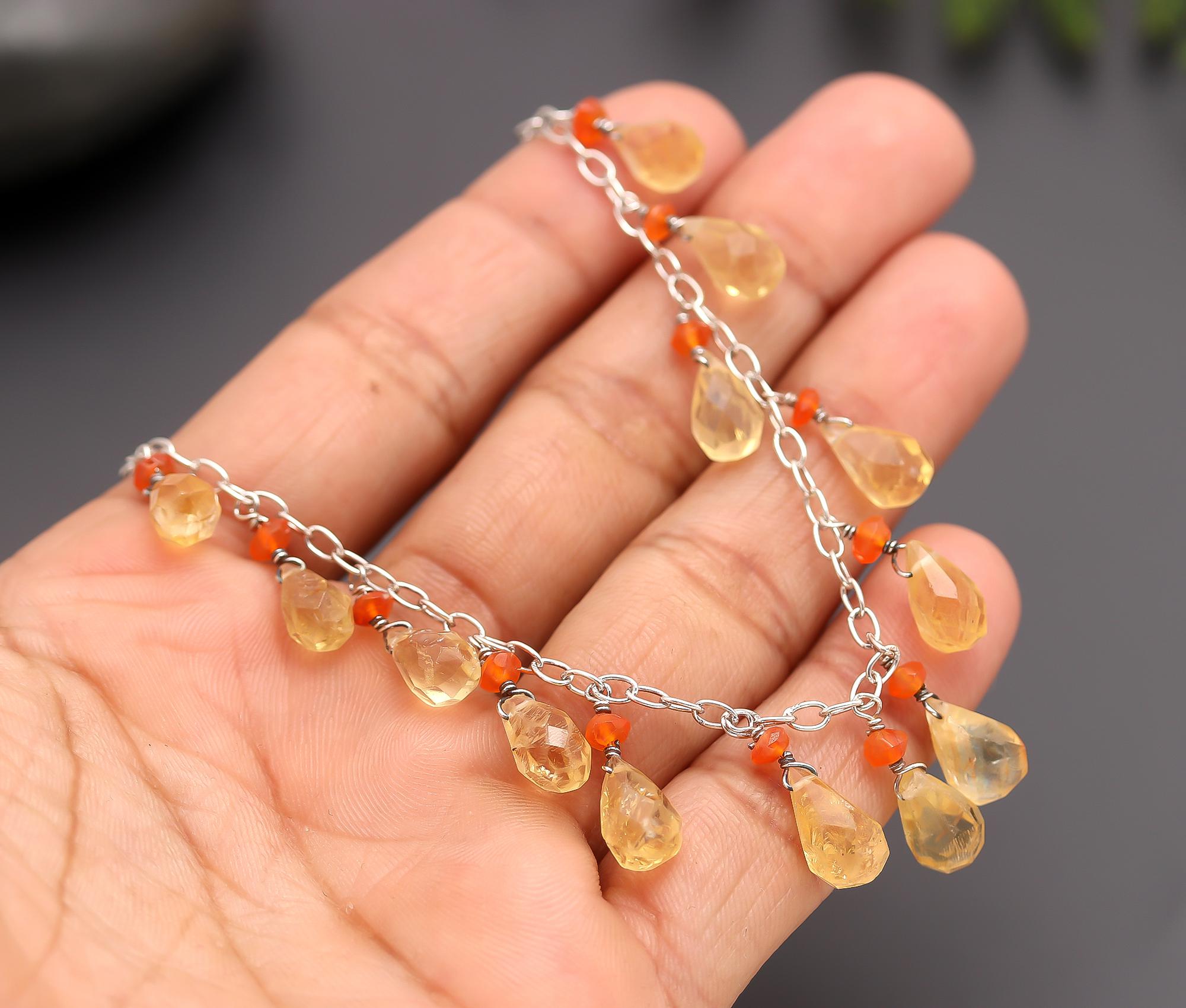 925 Silver Citrine and Carnelian Beads Necklace