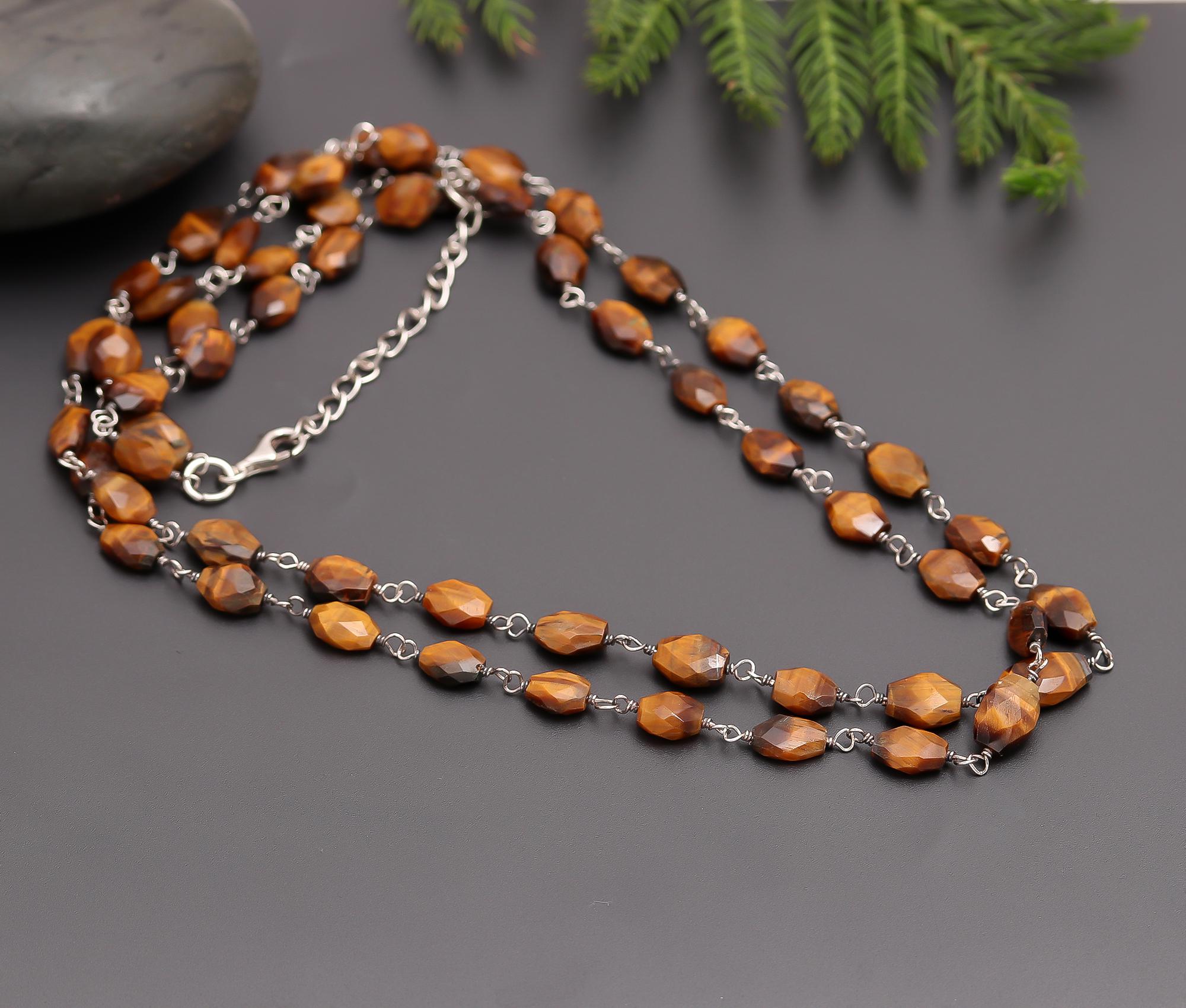 925 Silver Tiger Eye Beads Double Layer Necklace