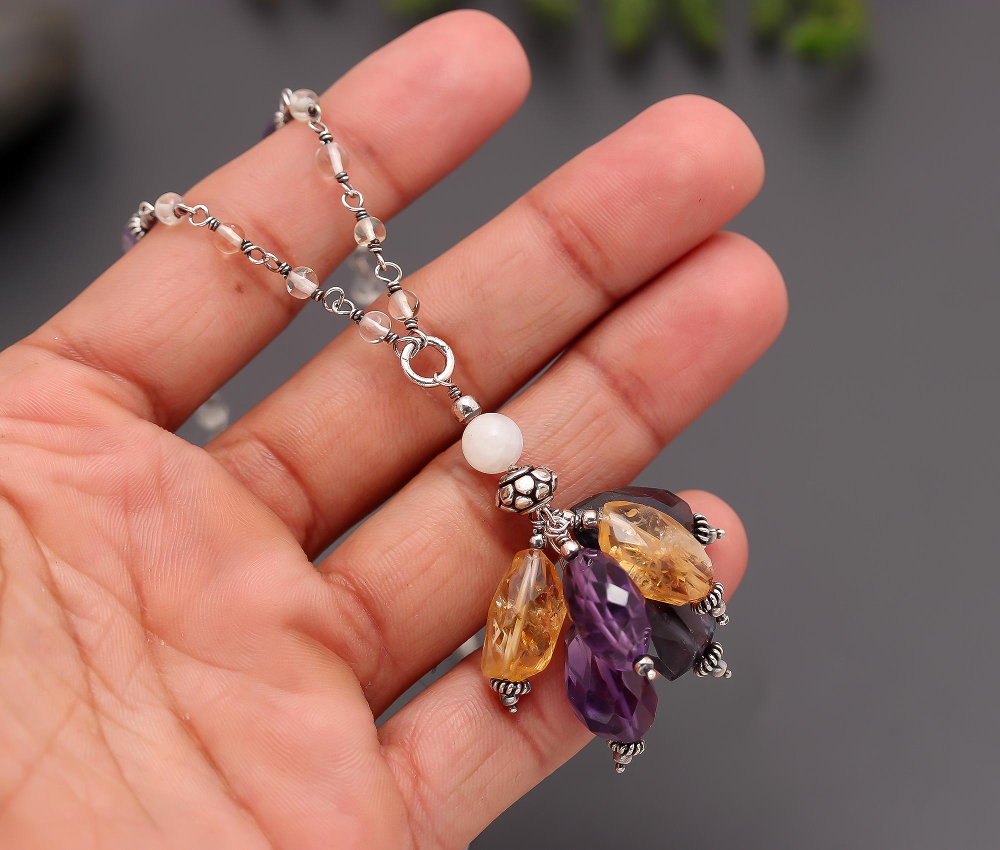 925 Silver Beads Cluster Drop Pendant Necklace