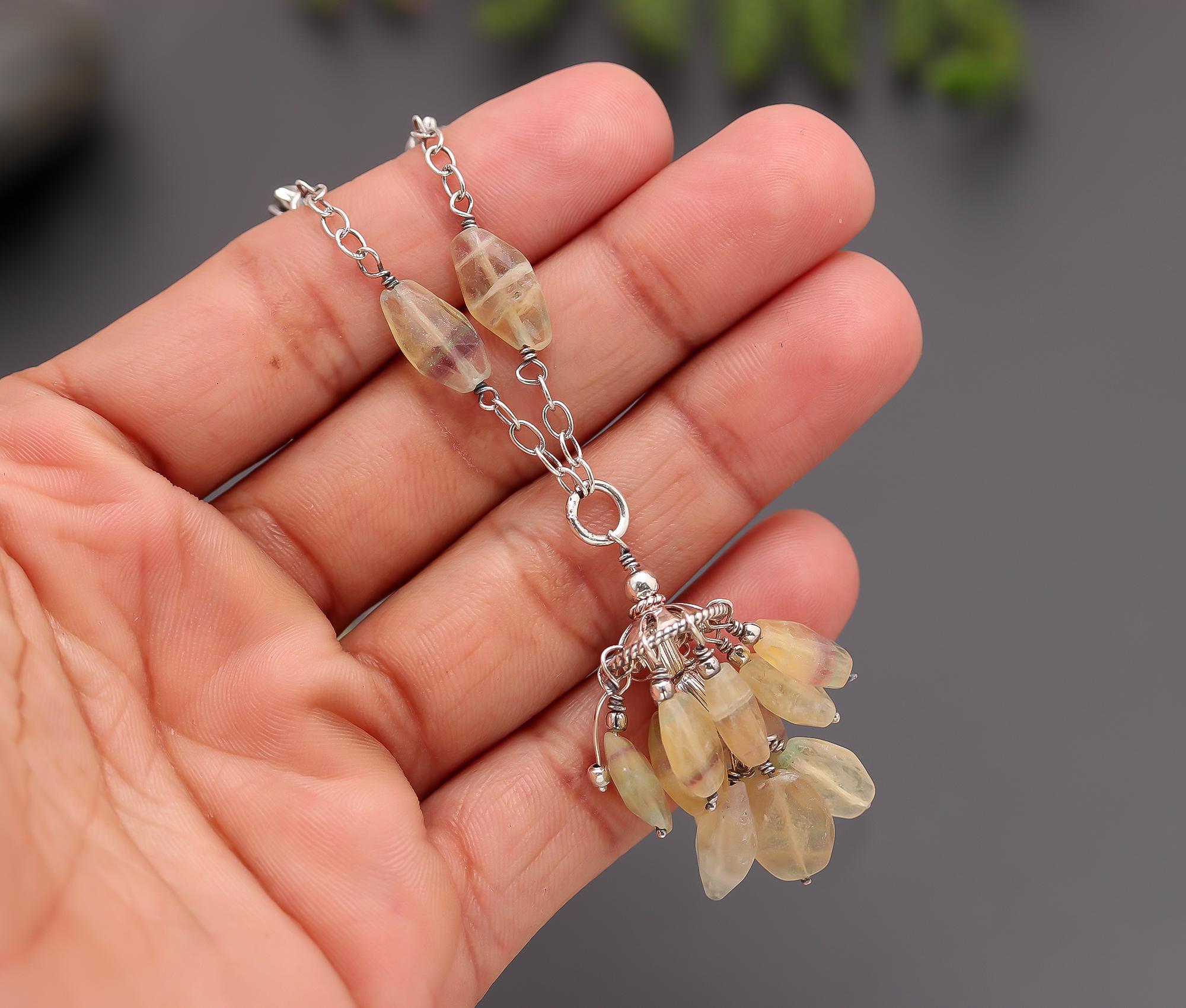 925 Silver Yellow Opal Beads Drop Pendant Necklace