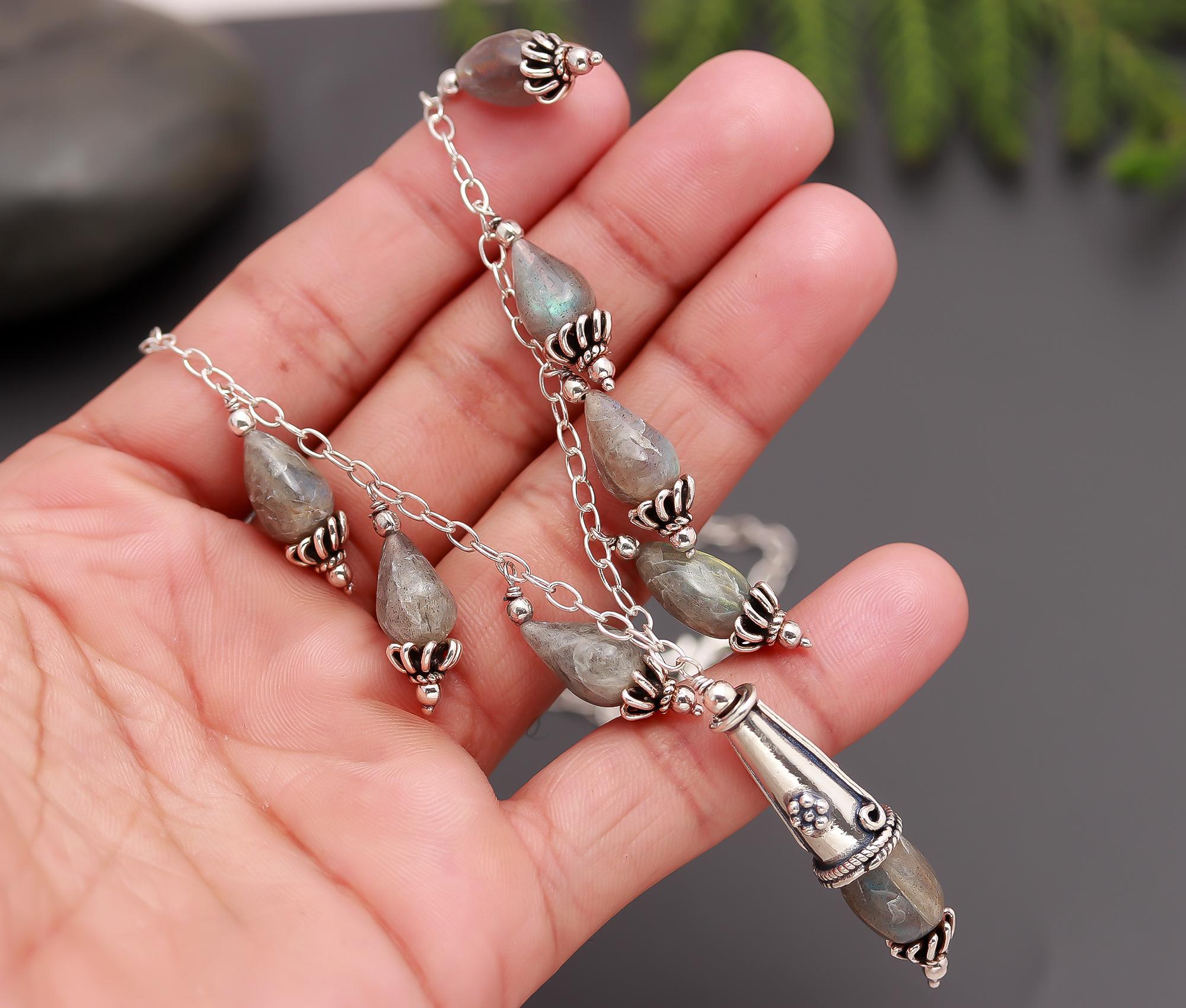 925 Silver Labradorite Drop Pendant Necklace