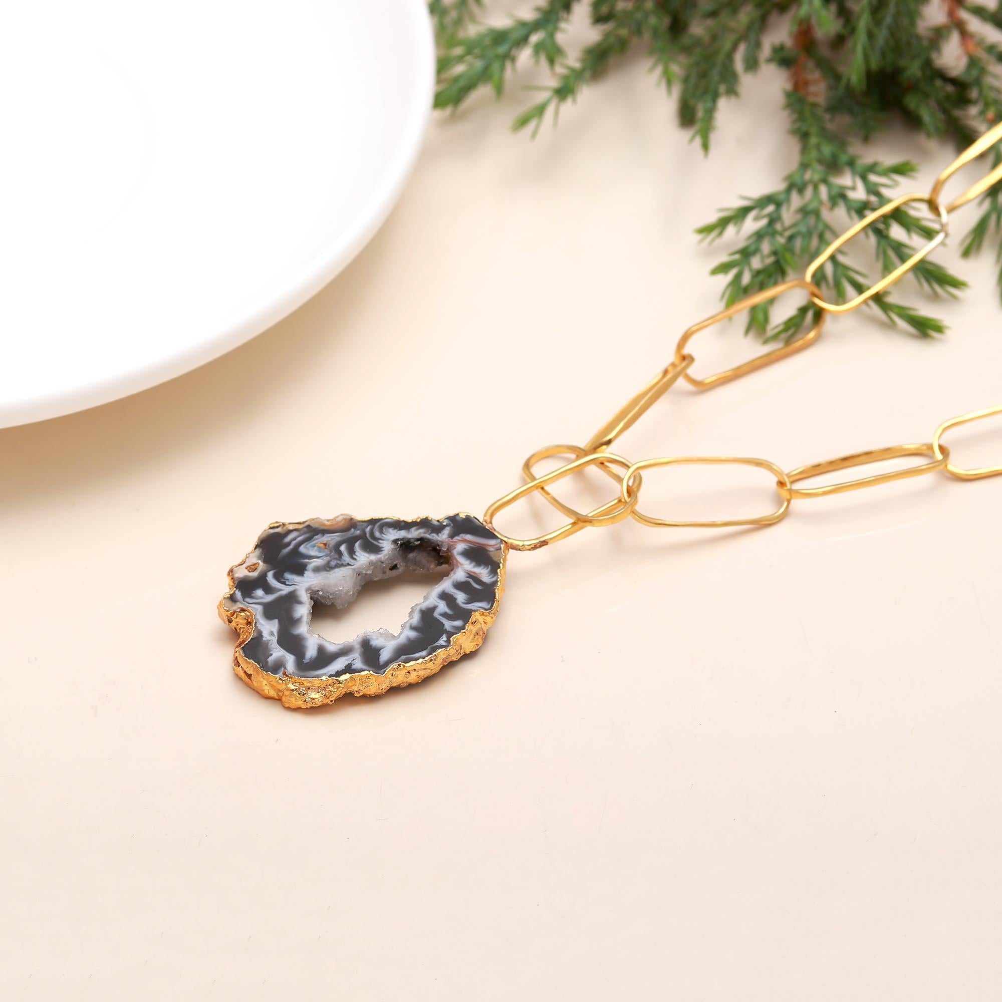 The Midnight Geode: Black Agate Paperclip Chain Necklace