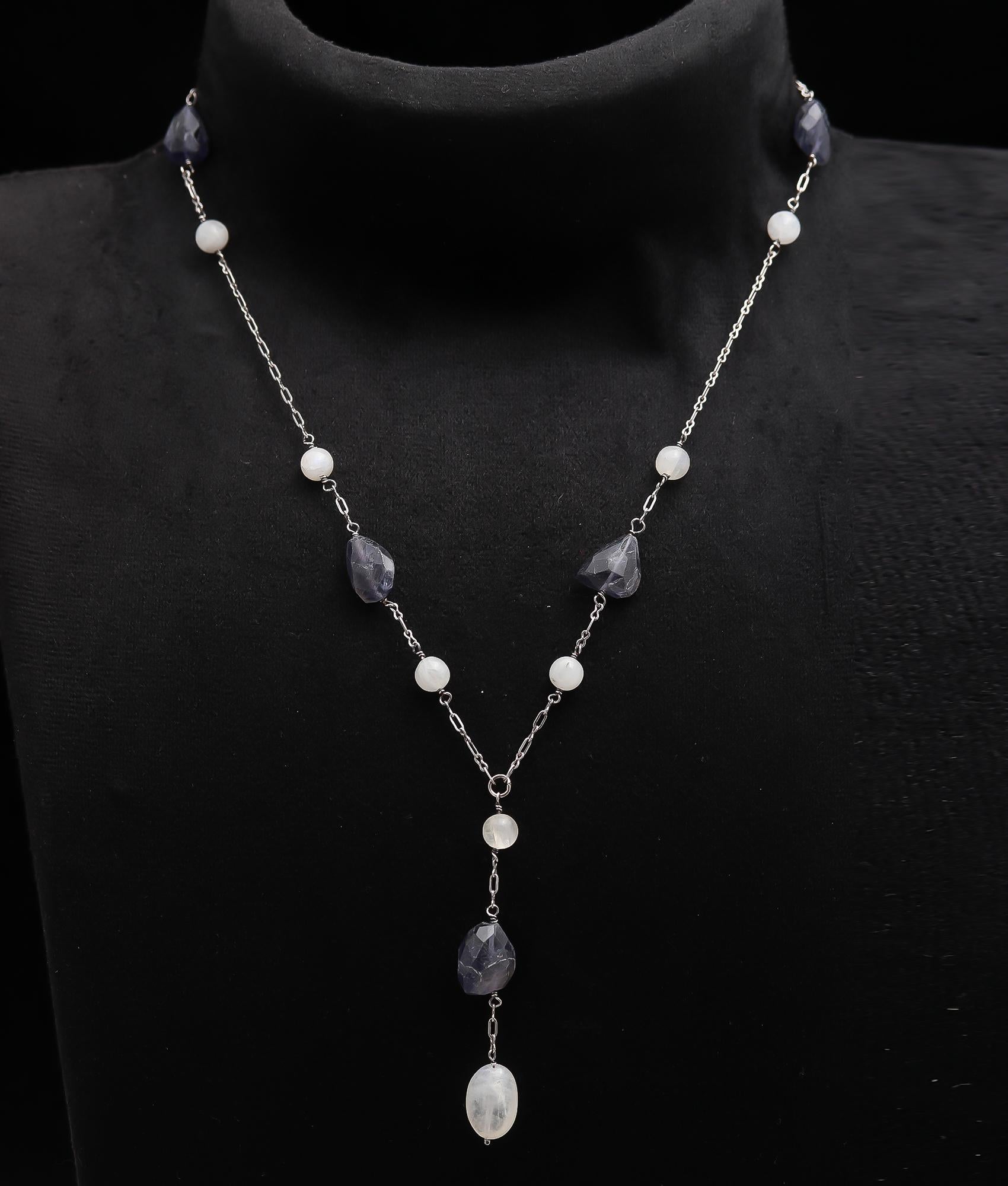 925 Silver Iolite and Moonstone Beads Necklace