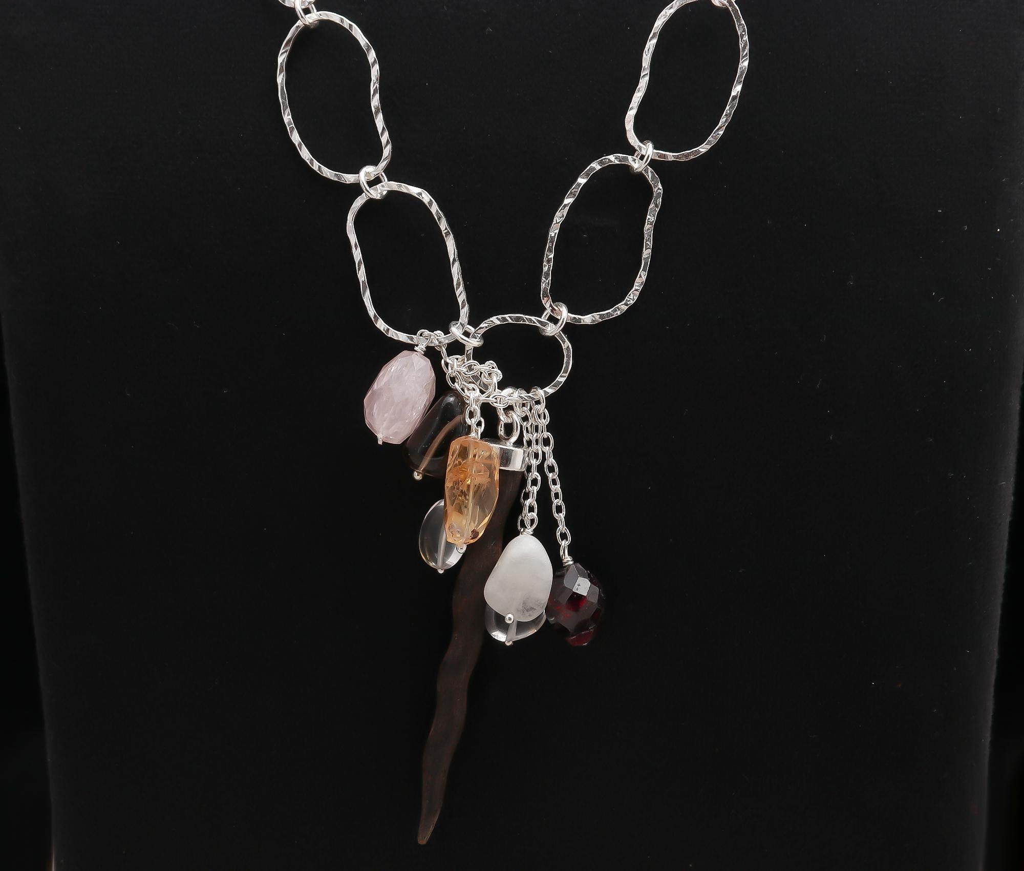 925 Silver Mixed Gemstones Horn Tusk Pendant Necklace