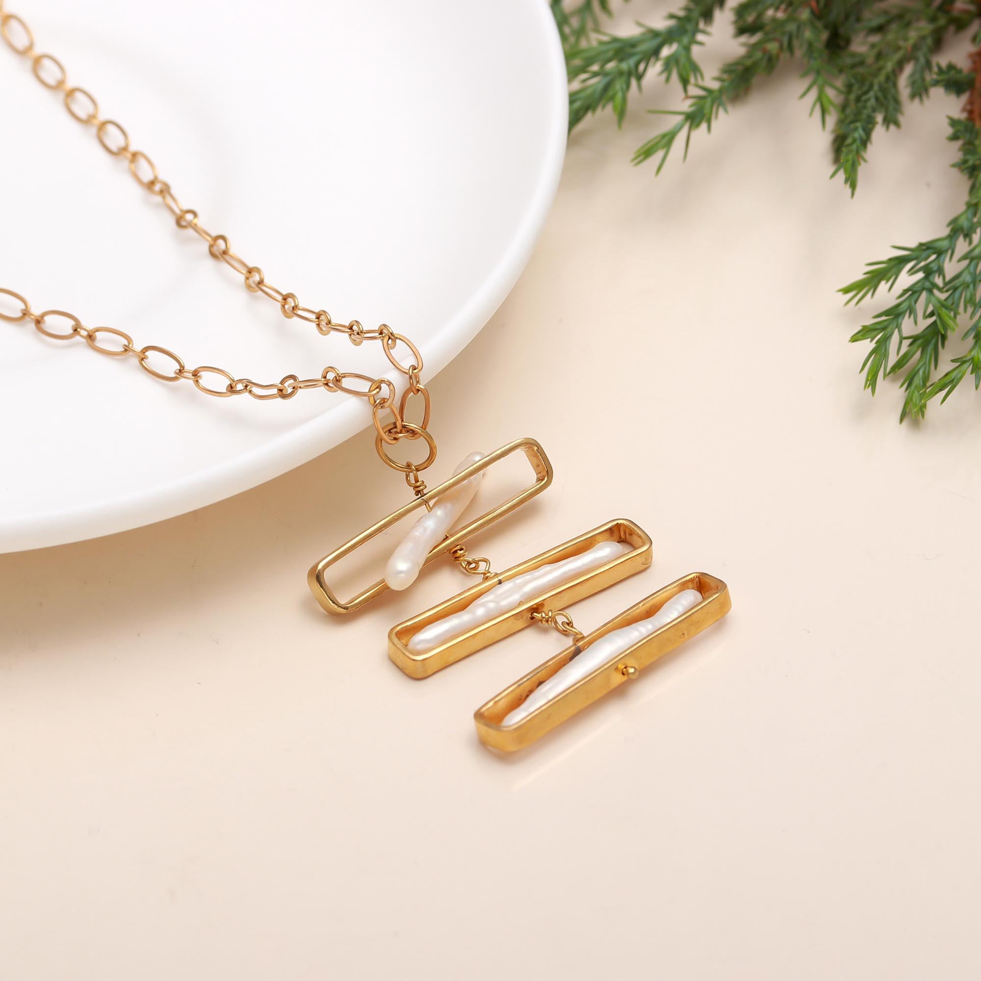 The Luminous Tier: Biwa Pearl & Gold Geometric Necklace