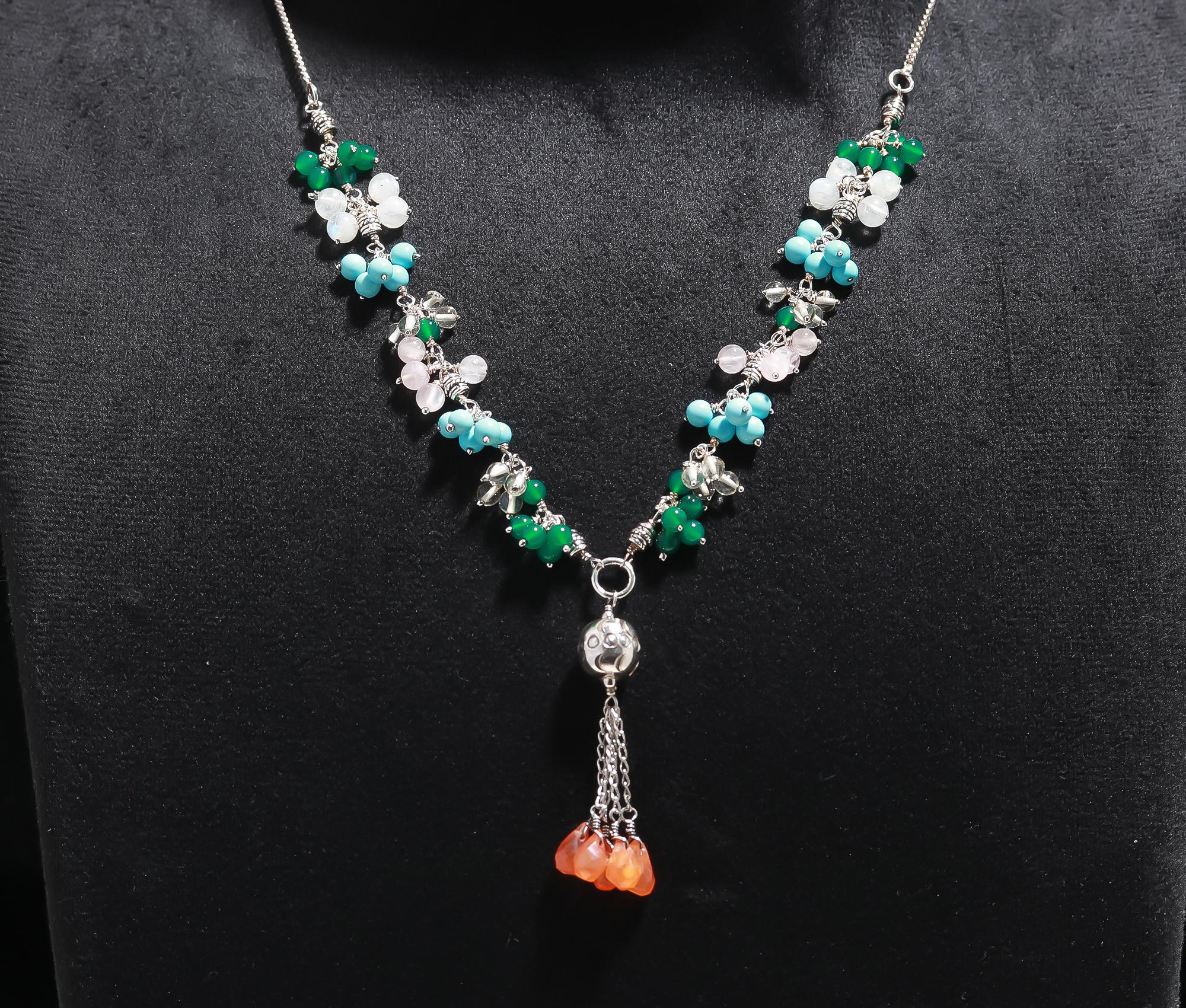 925 Silver Multi-Gemstone Cluster Necklace