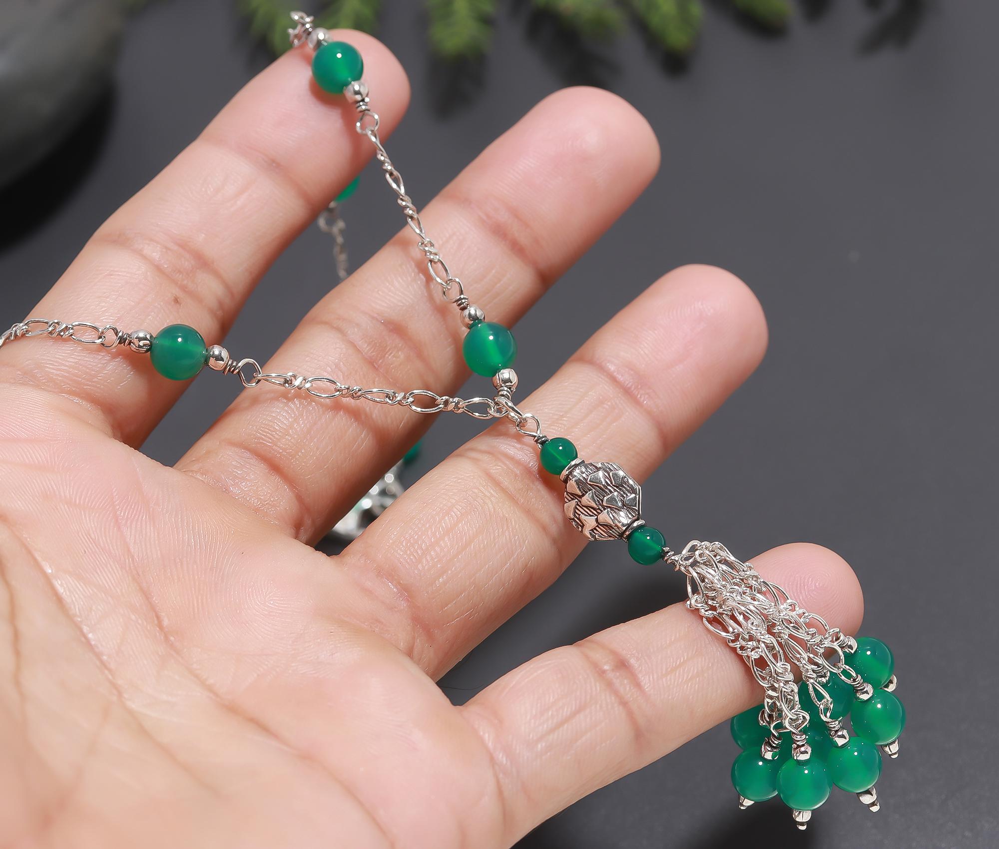 925 Silver Green Onyx Beaded Necklace