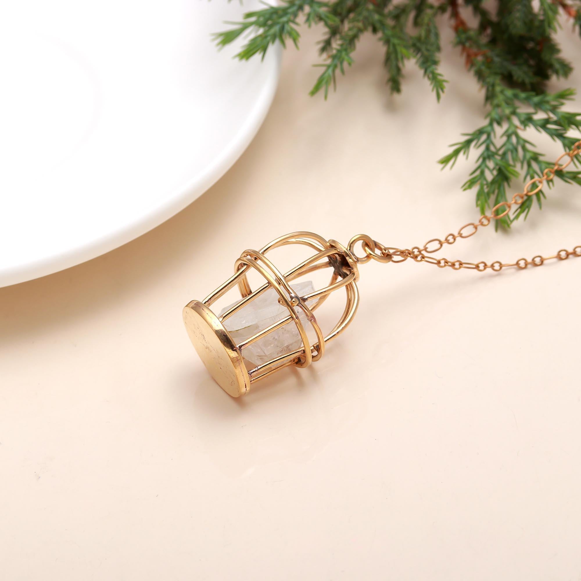 The Gilded Sanctuary: Raw Quartz Cage Pendant Necklace