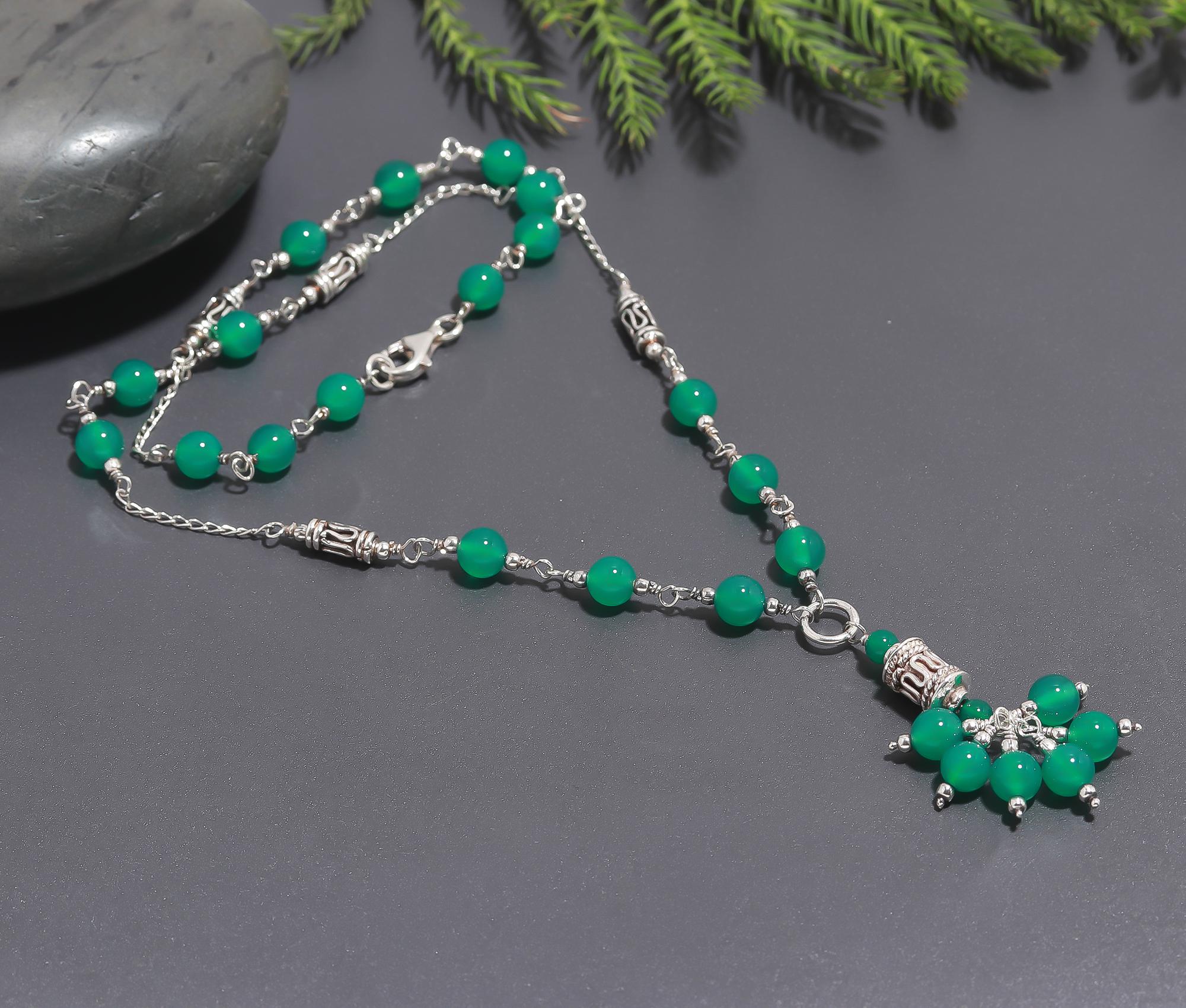 925 Silver Green Onyx Beaded Pendant Necklace
