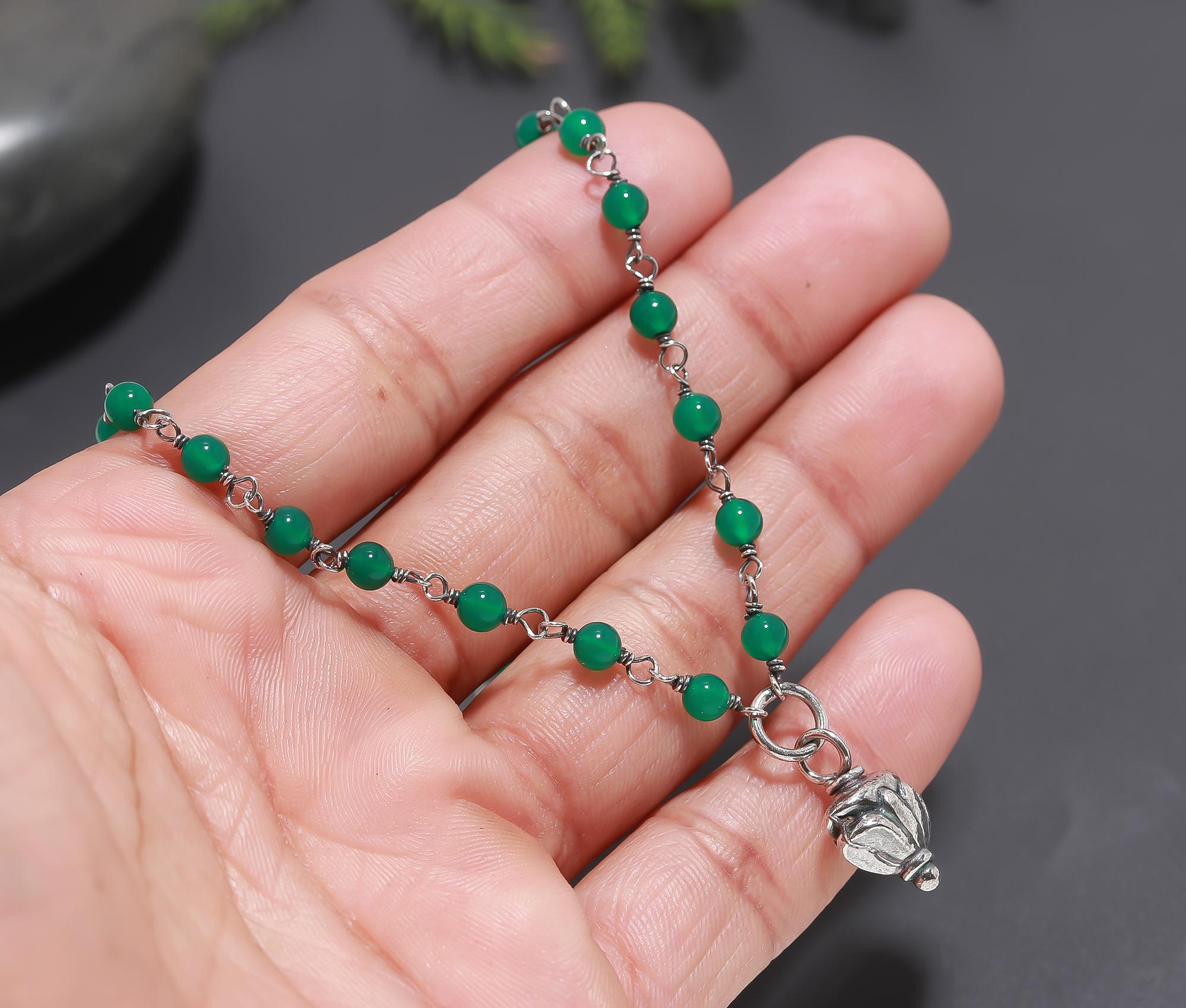 925 Silver Green Onyx Beaded Pendant Necklace