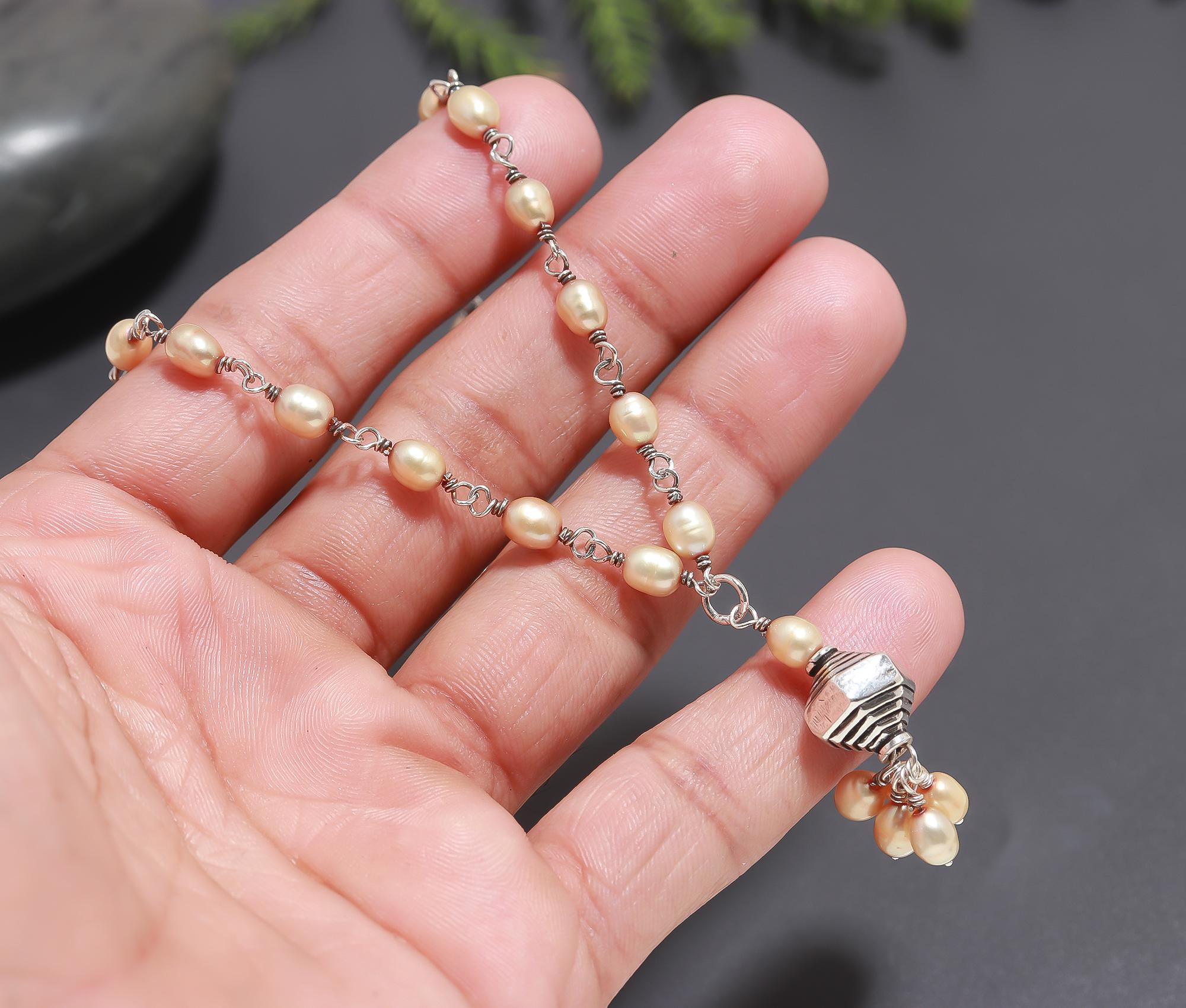 925 Silver Peach Pearl Beaded Necklace