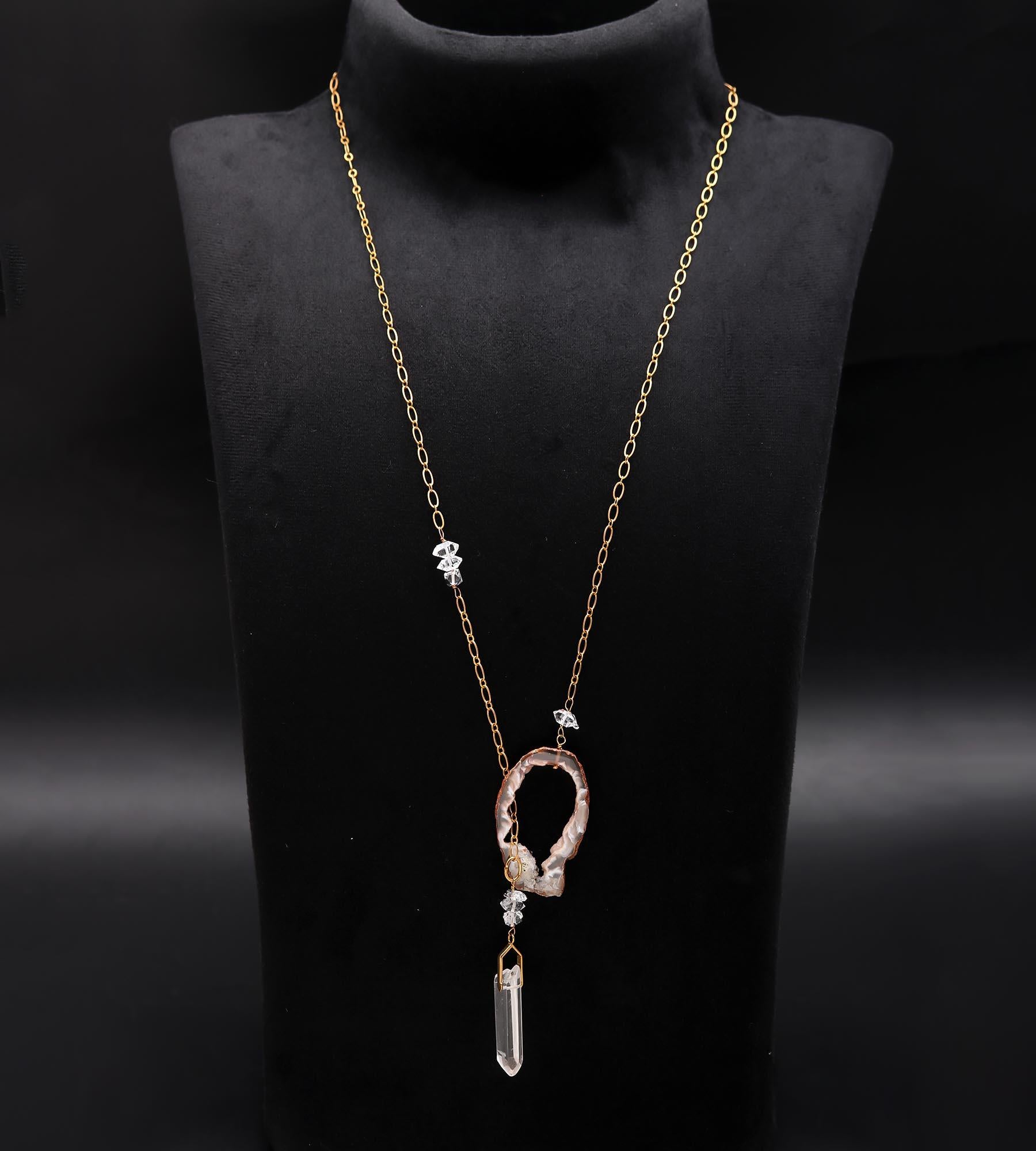 Designer Brass Necklace with Drusy, Herkimer, and Crystal