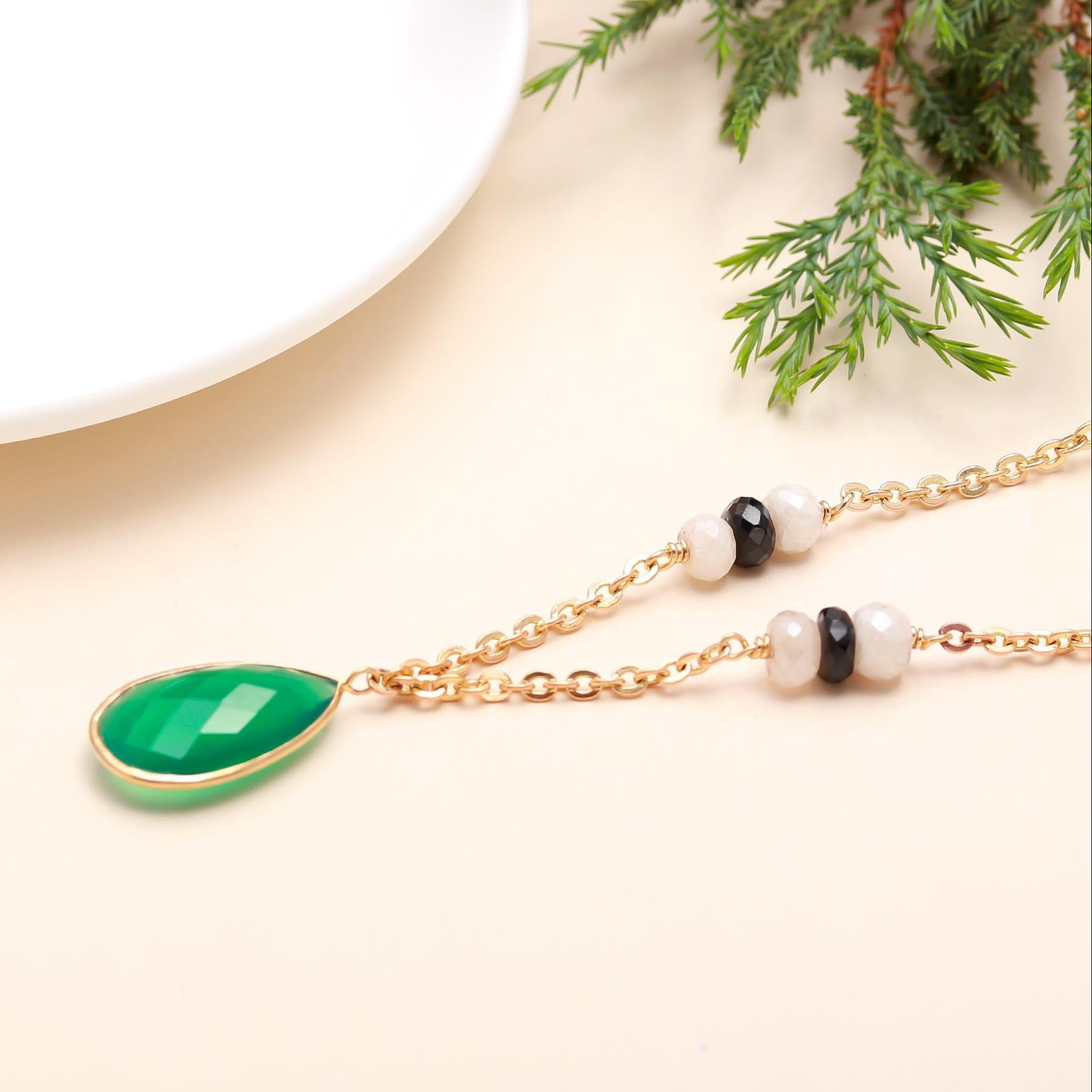 The Emerald Drop: Green Onyx Station Chain Necklace