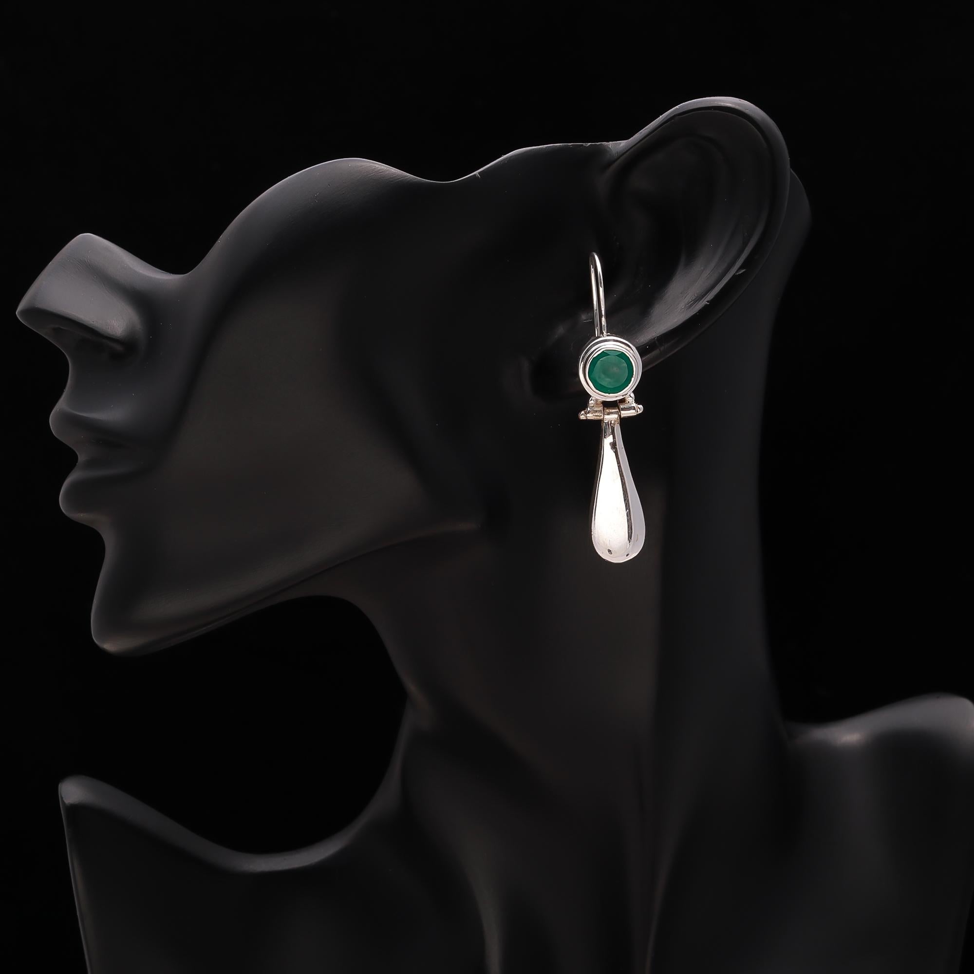 The Verdant Teardrop: Green Onyx Silver Sleek Earrings
