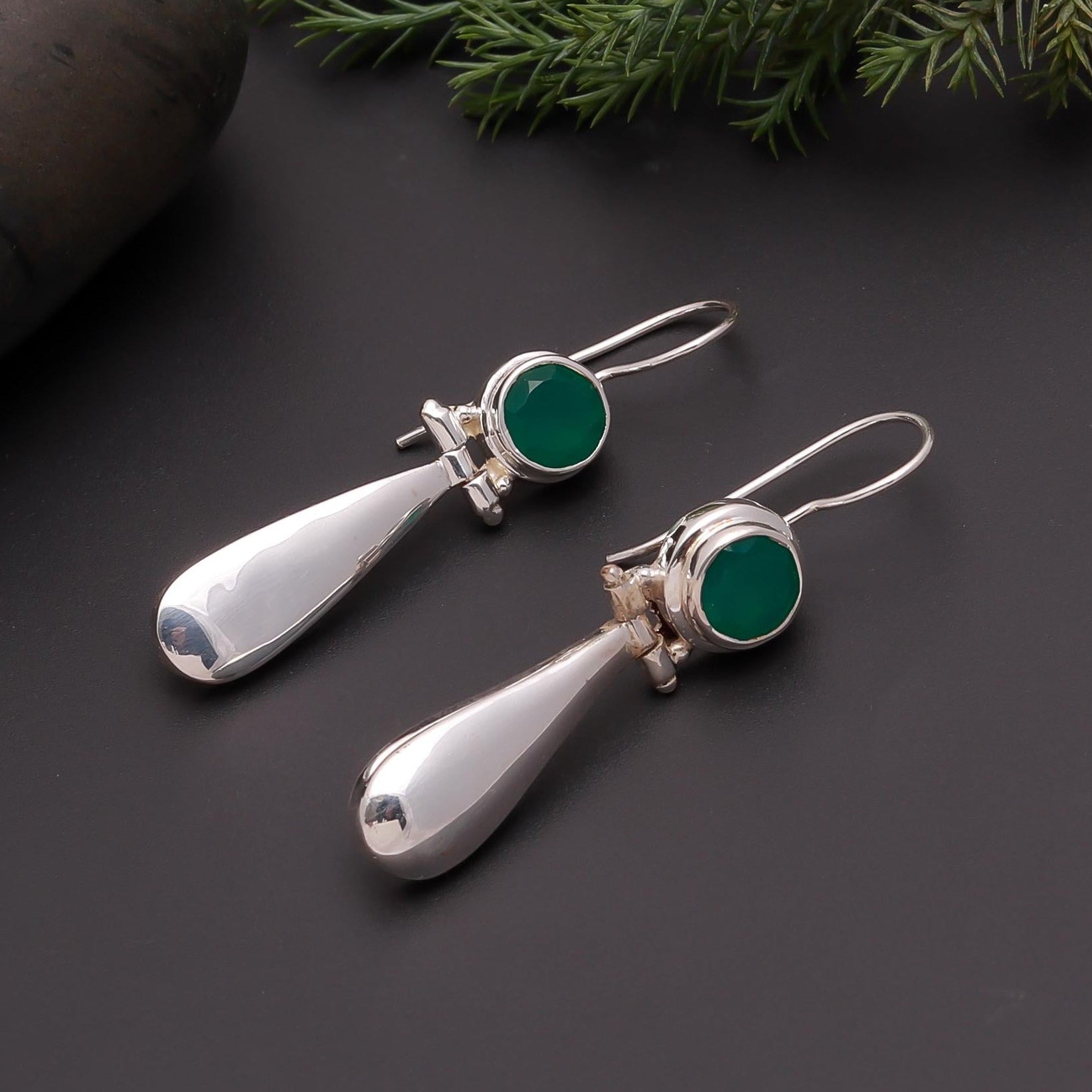 The Verdant Teardrop: Green Onyx Silver Sleek Earrings