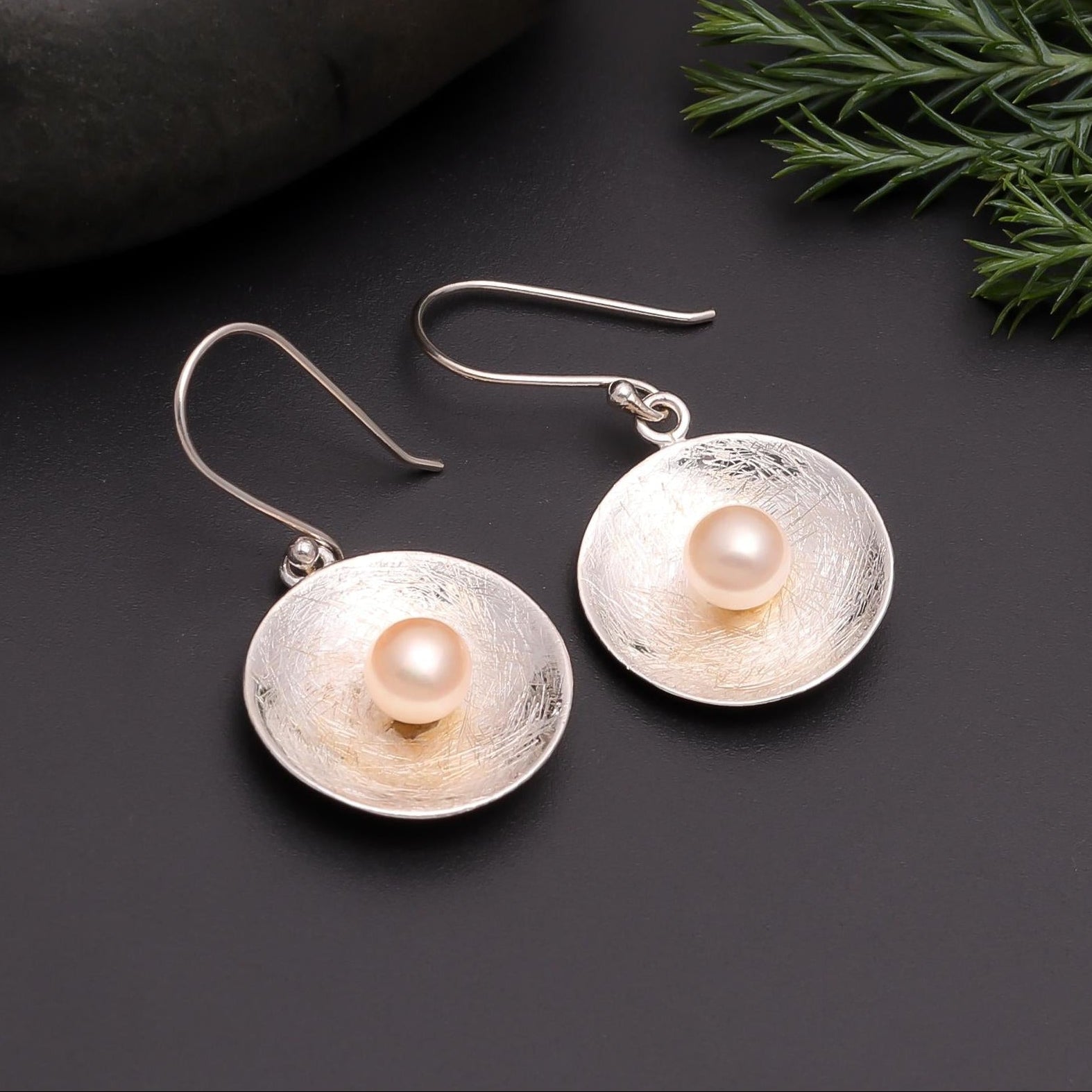 The Brushed Dish: Textured Silver Pearl Earrings
