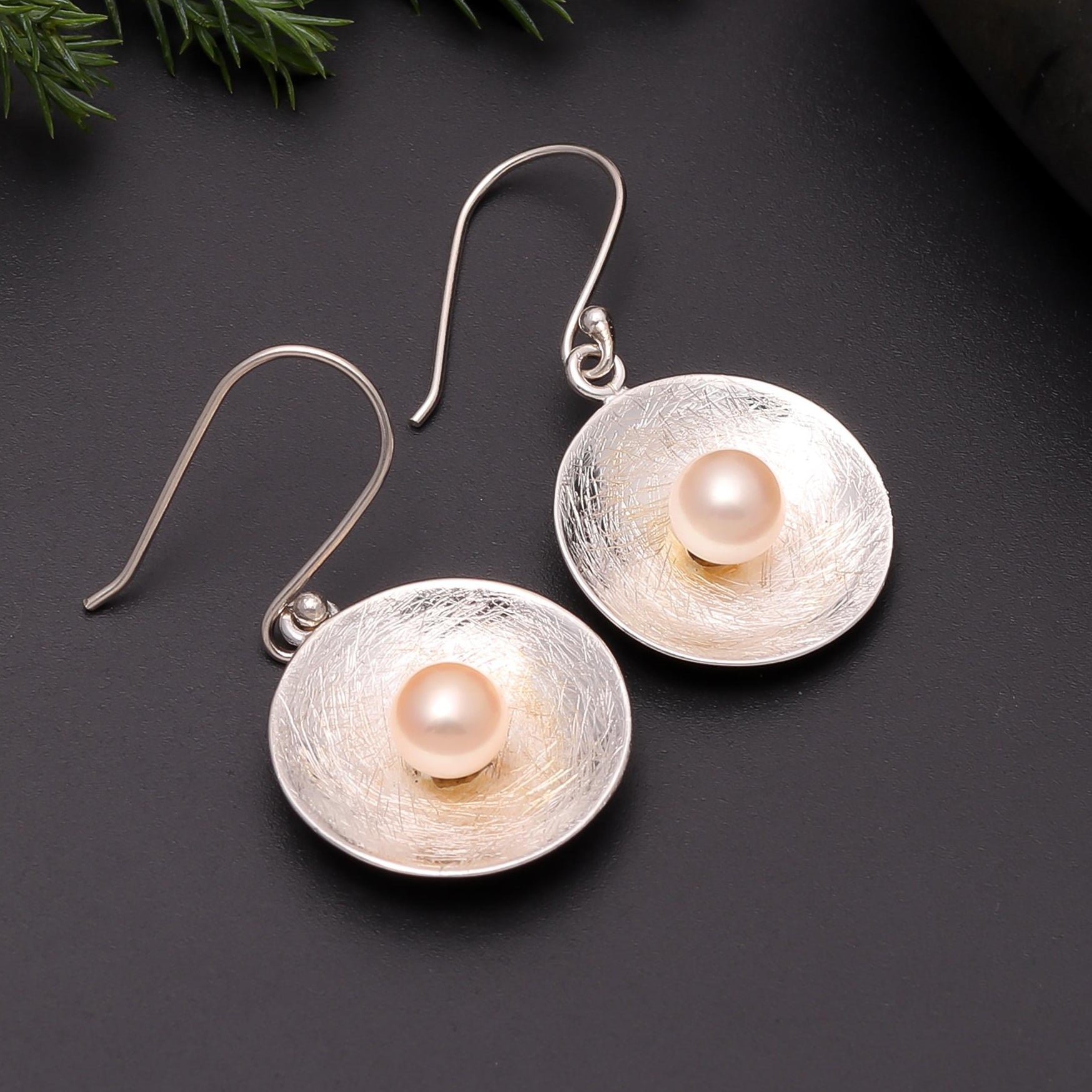 The Brushed Dish: Textured Silver Pearl Earrings