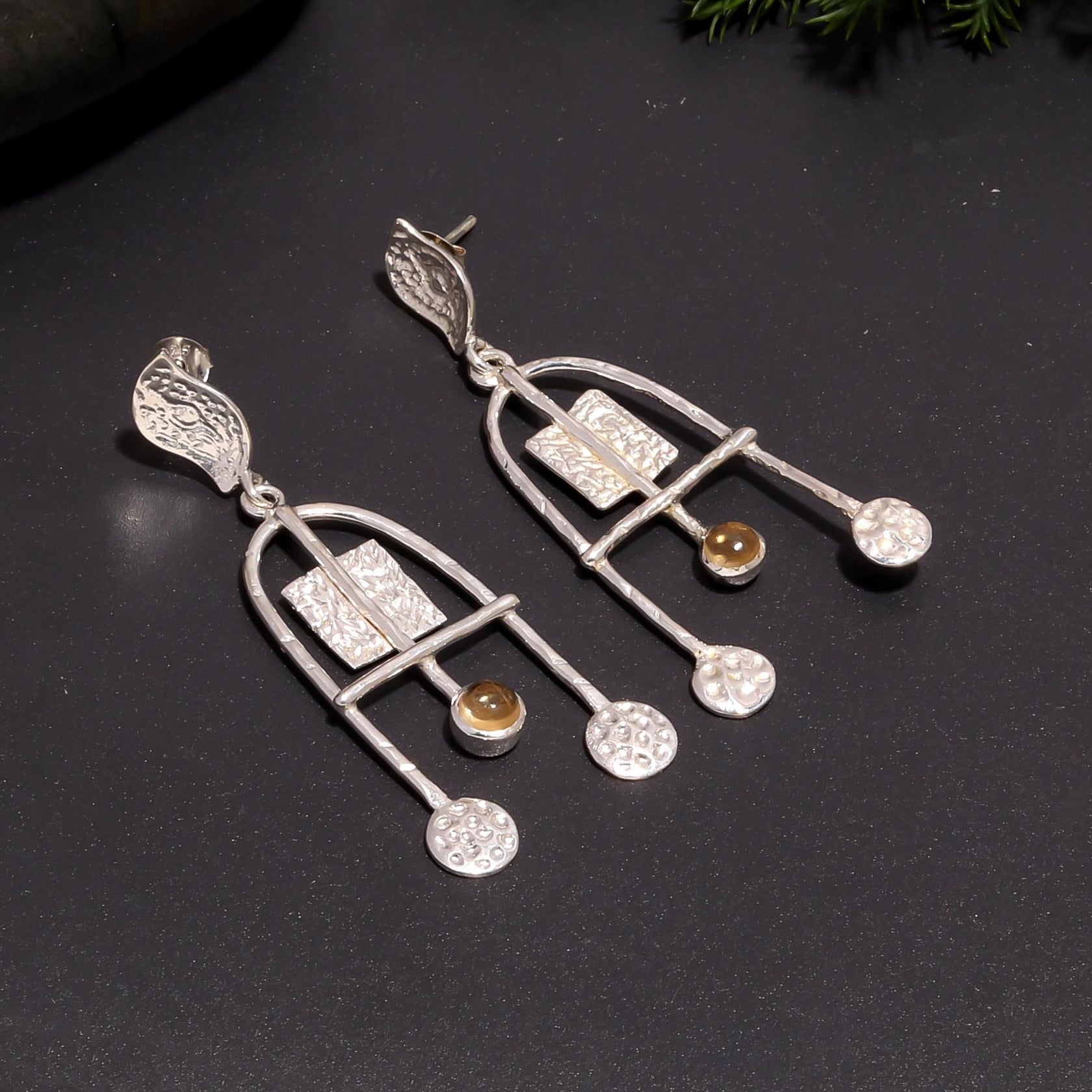 The Modernist Chandeliers: Silver Citrine Statement Earrings