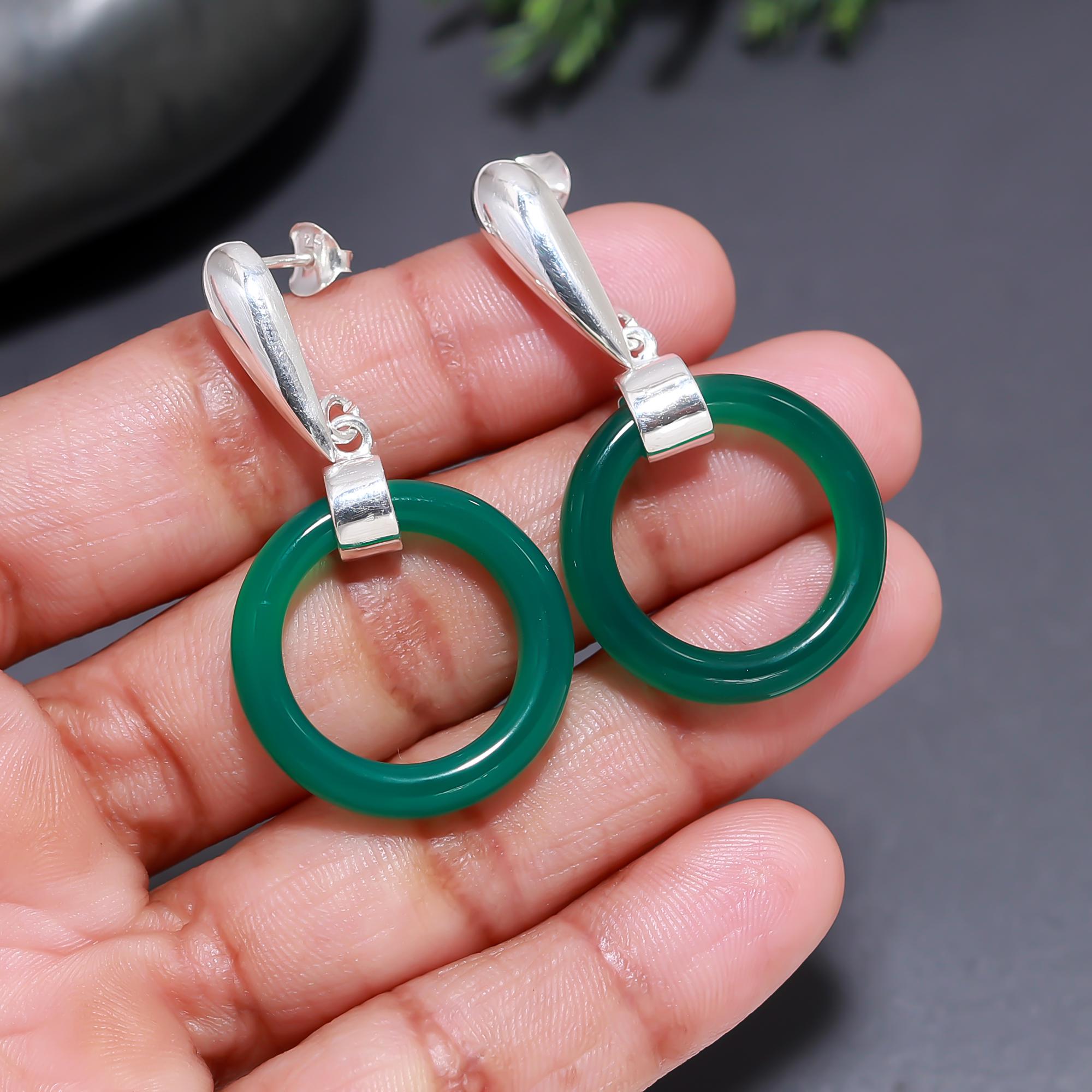 The Emerald Arc: Green Onyx Silver Modern Earrings