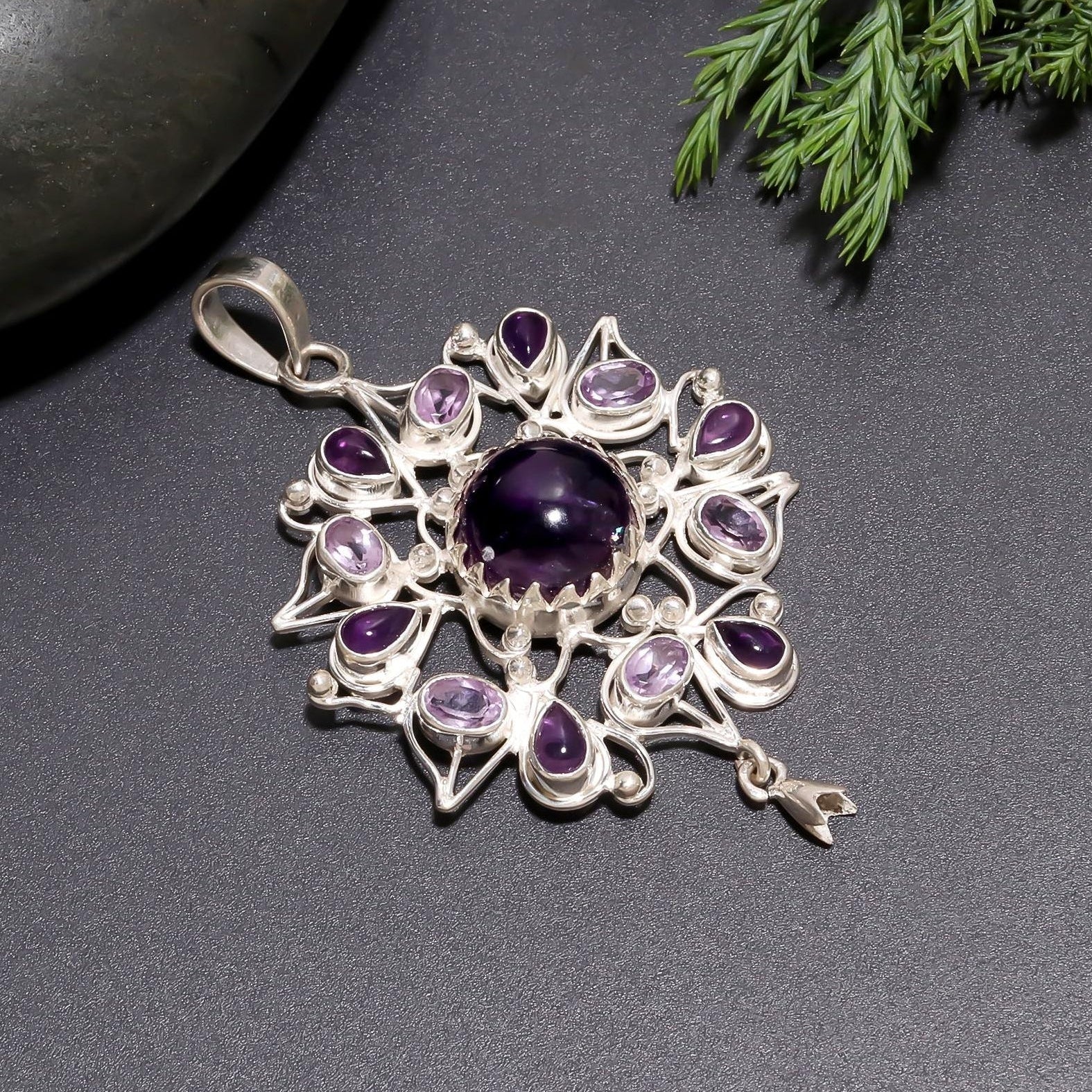The Mandala Empress: Silver Ornate Amethyst Statement Pendant