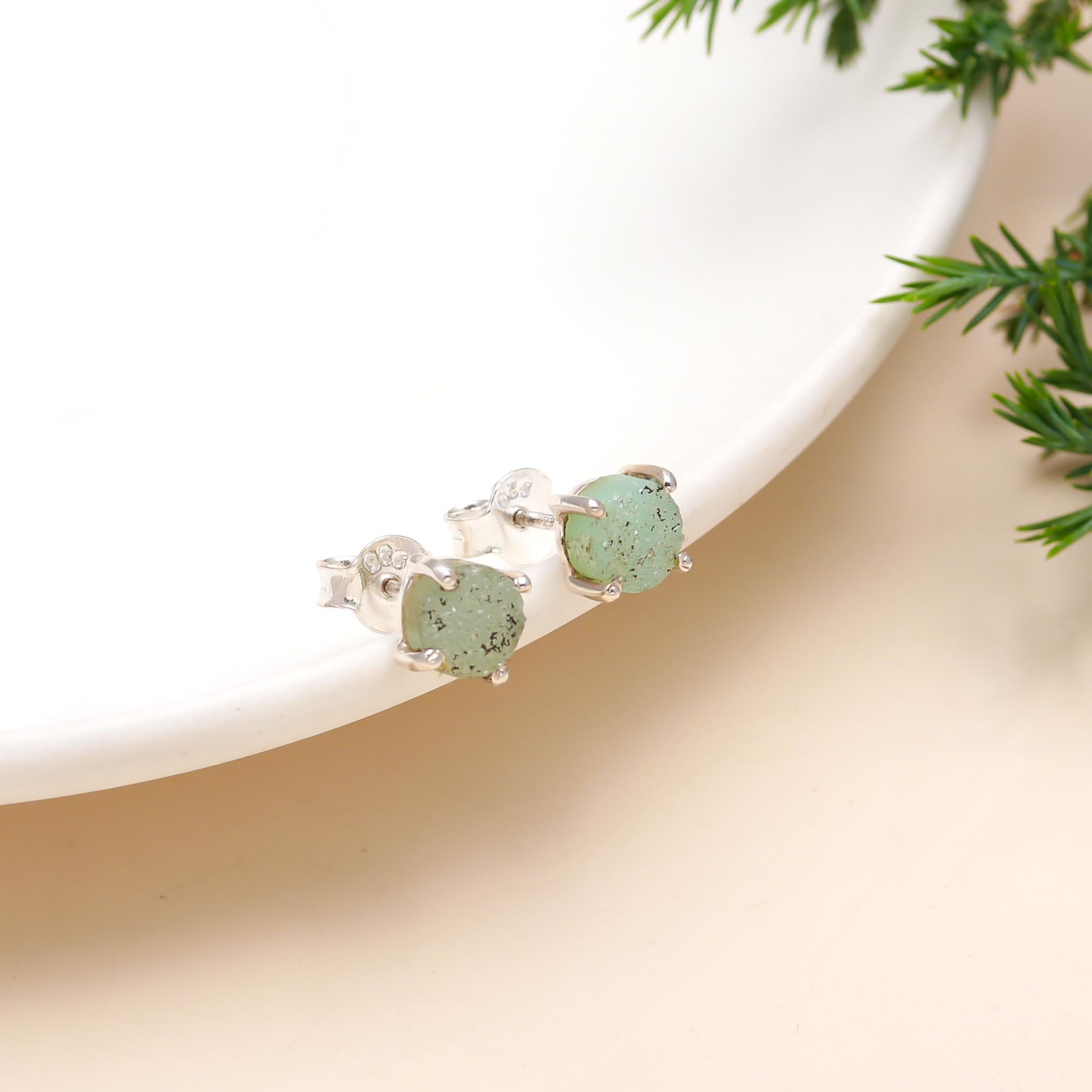 925 Sterling Silver Natural Green Druzy Stud Earrings
