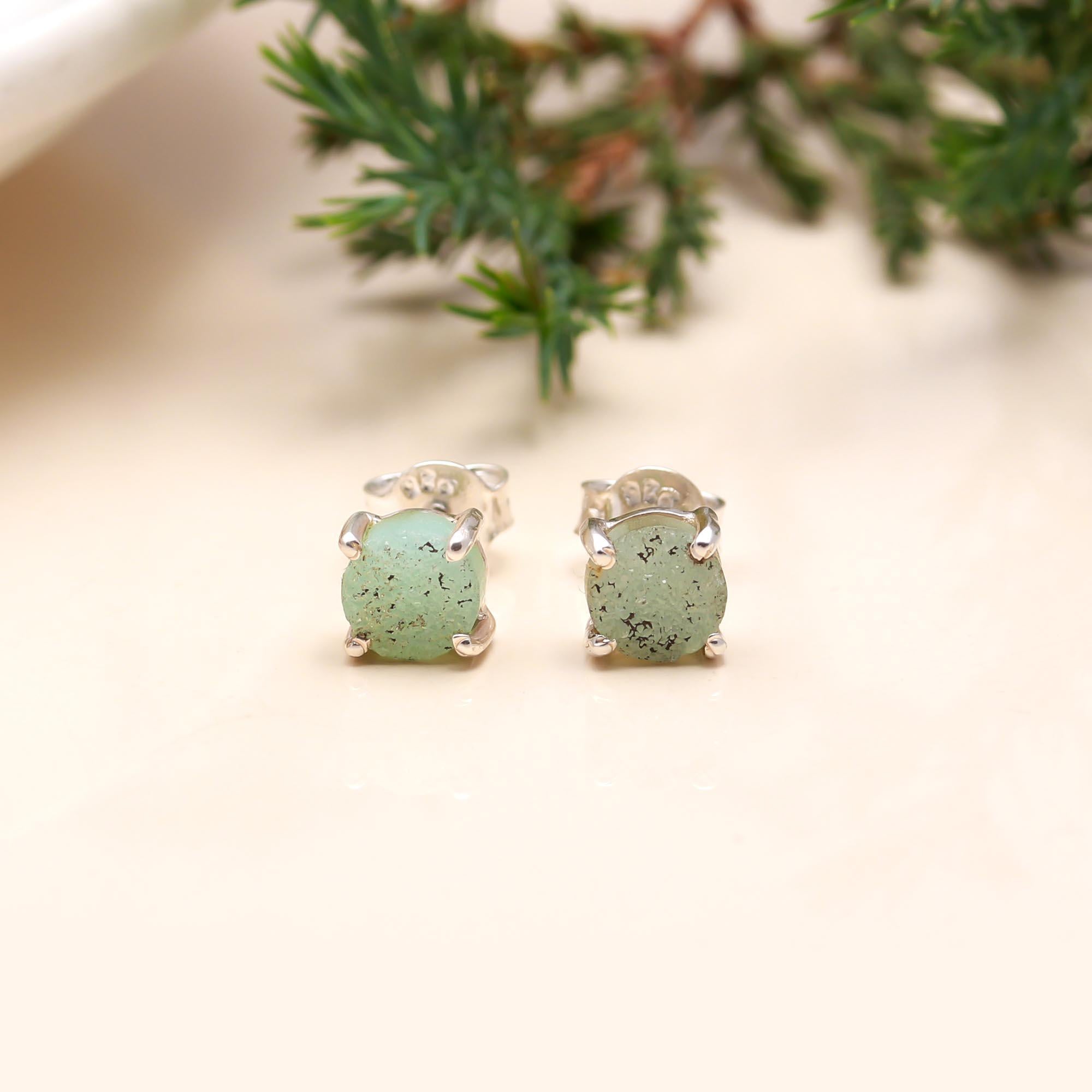 925 Sterling Silver Natural Green Druzy Stud Earrings