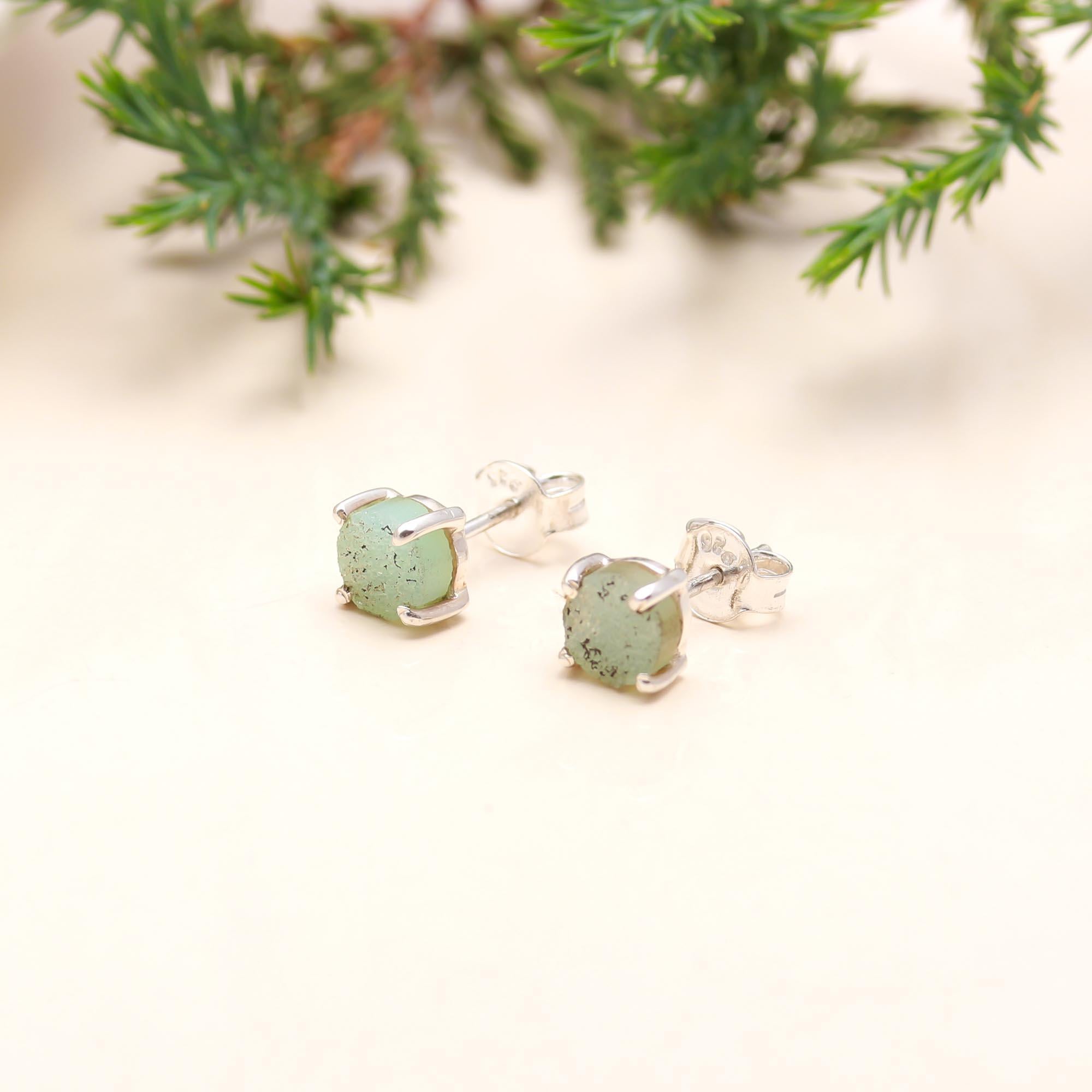 925 Sterling Silver Natural Green Druzy Stud Earrings